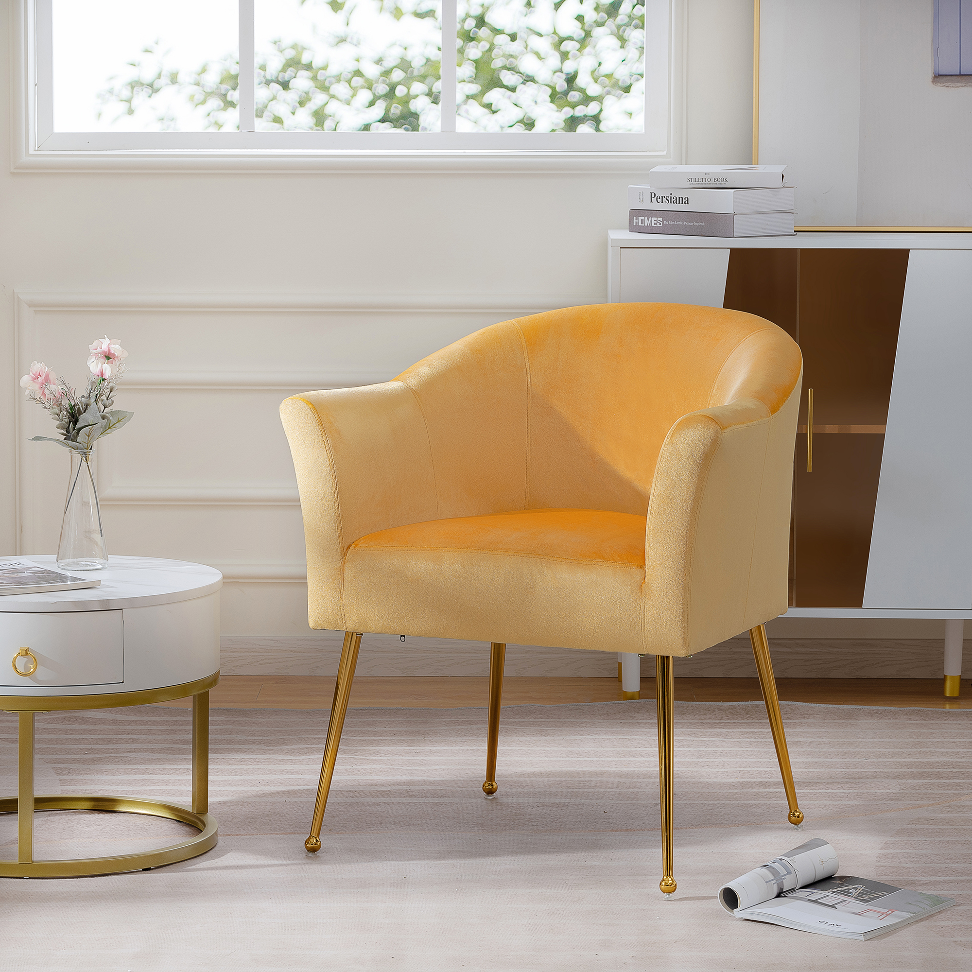 Spaco Velvet Accent Chair with Wood Frame, Modern Armchair Single Reading Chair for Living Room Bedroom Office, Yellow