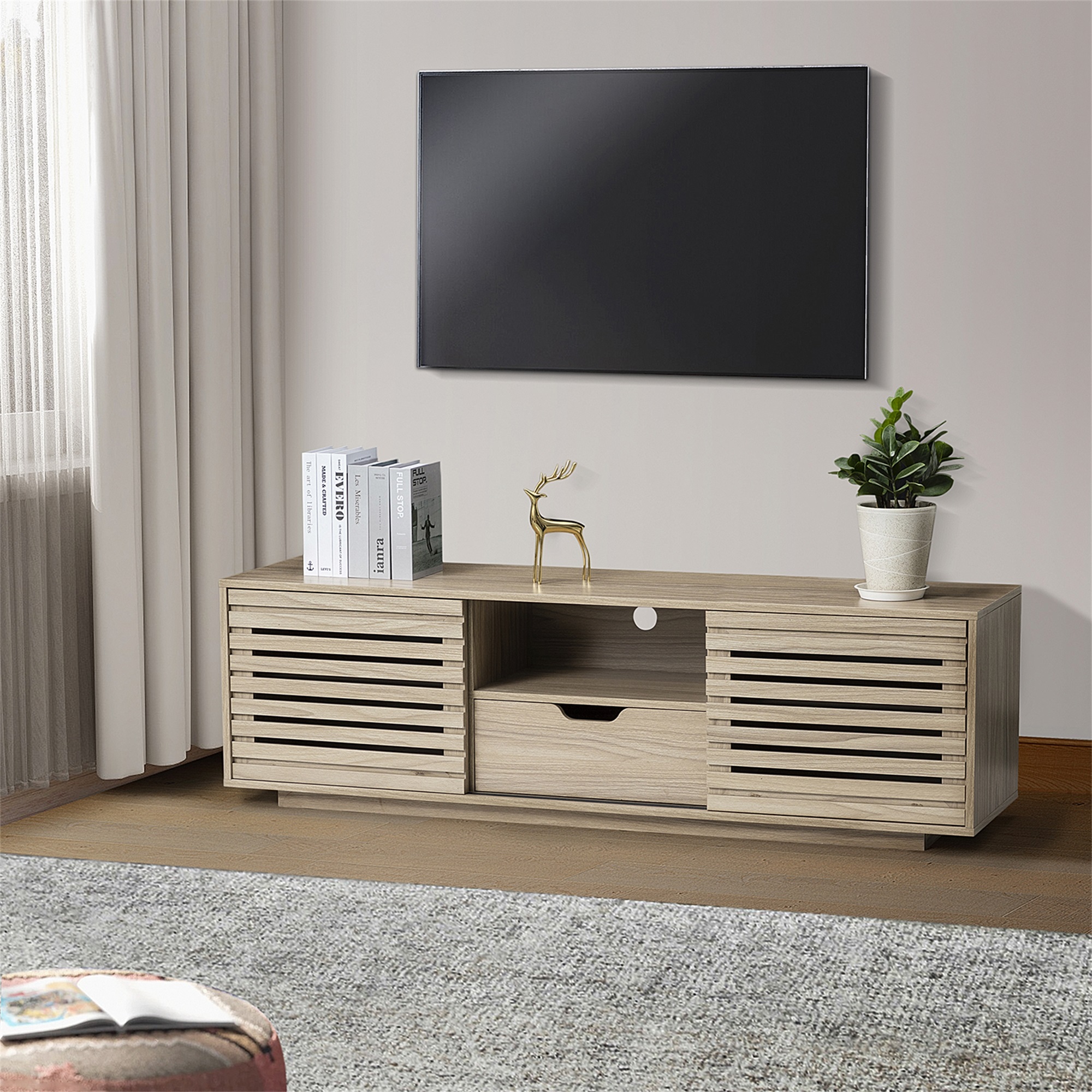 Spaco TV Stand with 2 Doors for TVs Slatted Sliding with Storage up to 65", Solid Wood