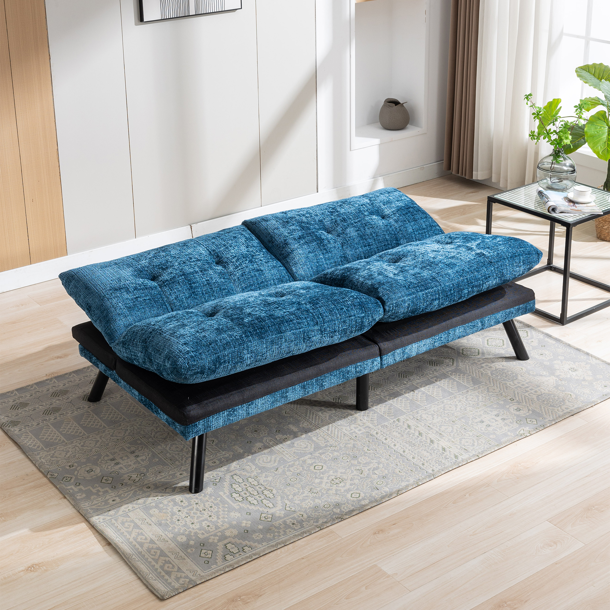 Spaco Convertible Futon Sofa Bed Futon Couche for Living Room, Chenille-Blue