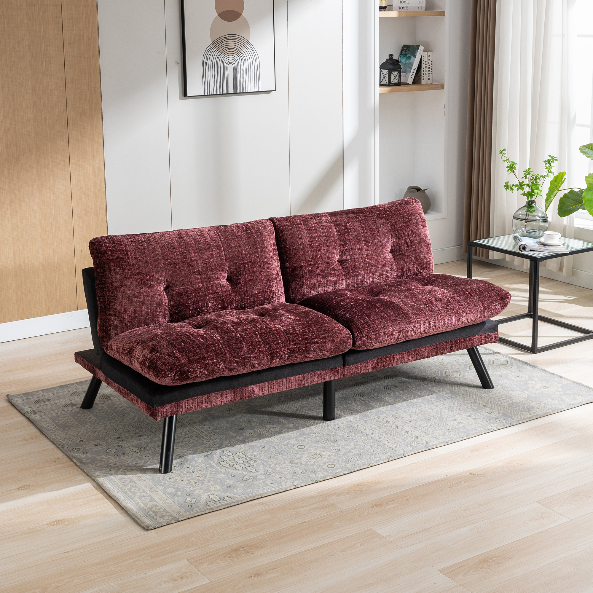 Spaco Convertible Futon Sofa Bed Futon Couche for Living Room, Chenille-Wine Red