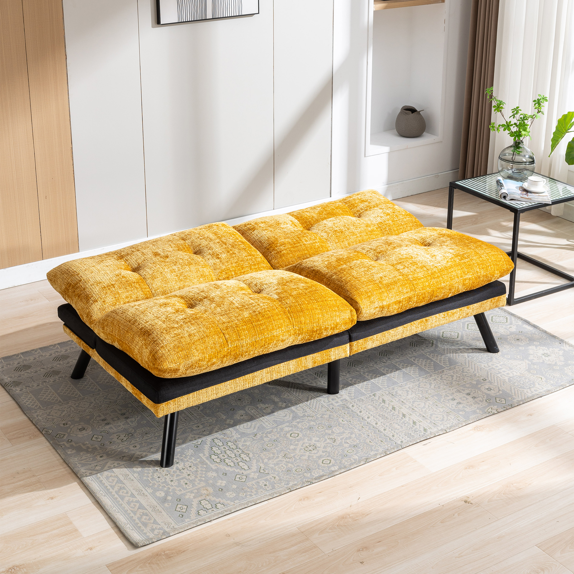 Spaco Convertible Futon Sofa Bed Futon Couche for Living Room, Chenille-Yellow