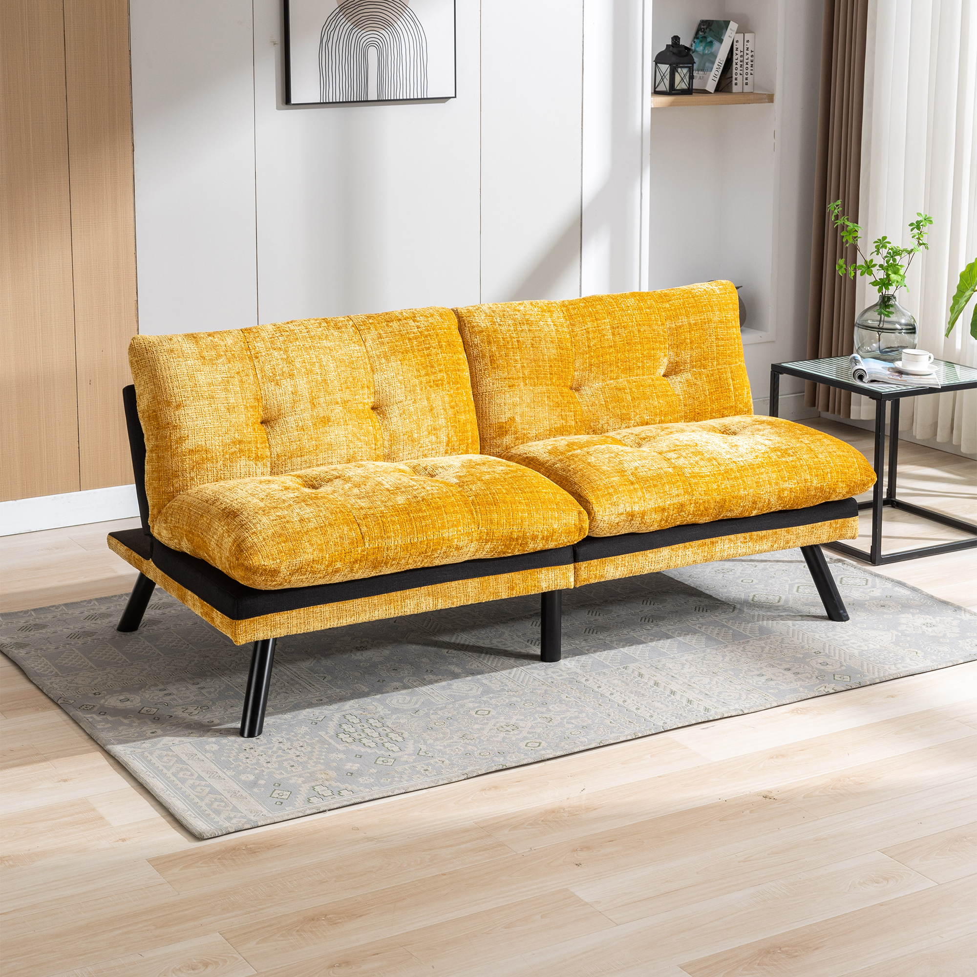 Spaco Convertible Futon Sofa Bed Futon Couche for Living Room, Chenille-Yellow