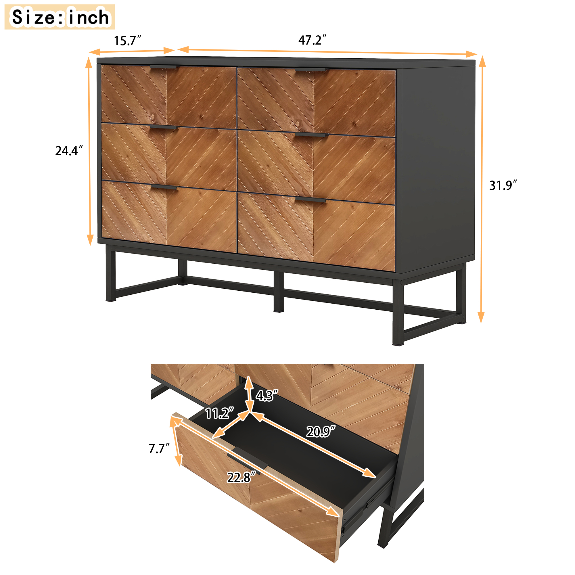 Spaco Dresser for Bedroom 6 Drawers Dresser& Chests of Drawers, Natural Wood Black Dresser