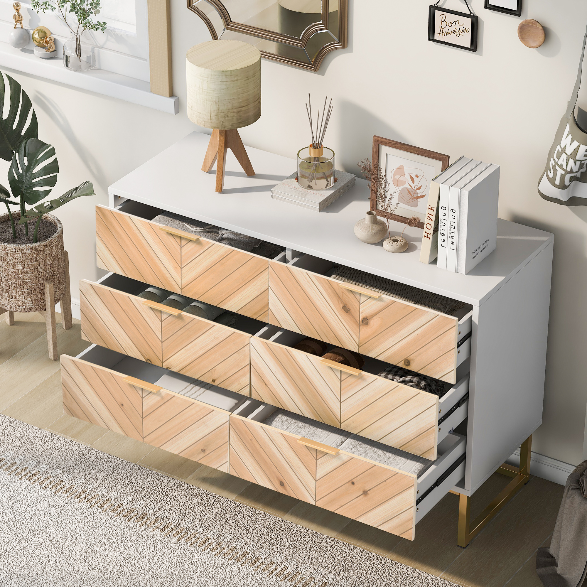 Spaco Dresser for Bedroom 6 Drawers Dresser& Chests of Drawers, Natural Wood White Dresser