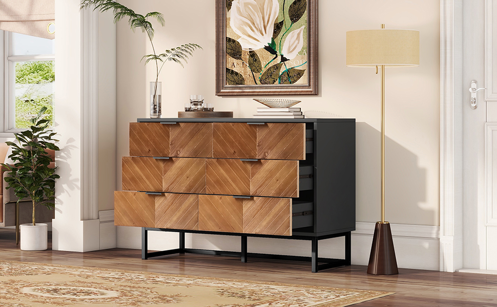 Spaco Dresser for Bedroom 6 Drawers Dresser& Chests of Drawers, Natural Wood Black Dresser