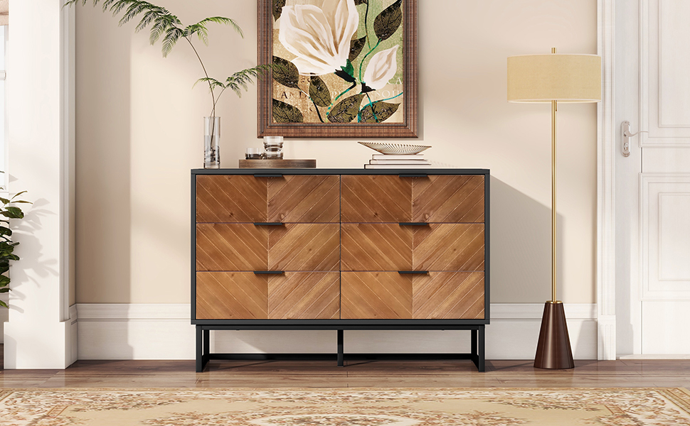 Spaco Dresser for Bedroom 6 Drawers Dresser& Chests of Drawers, Natural Wood Black Dresser