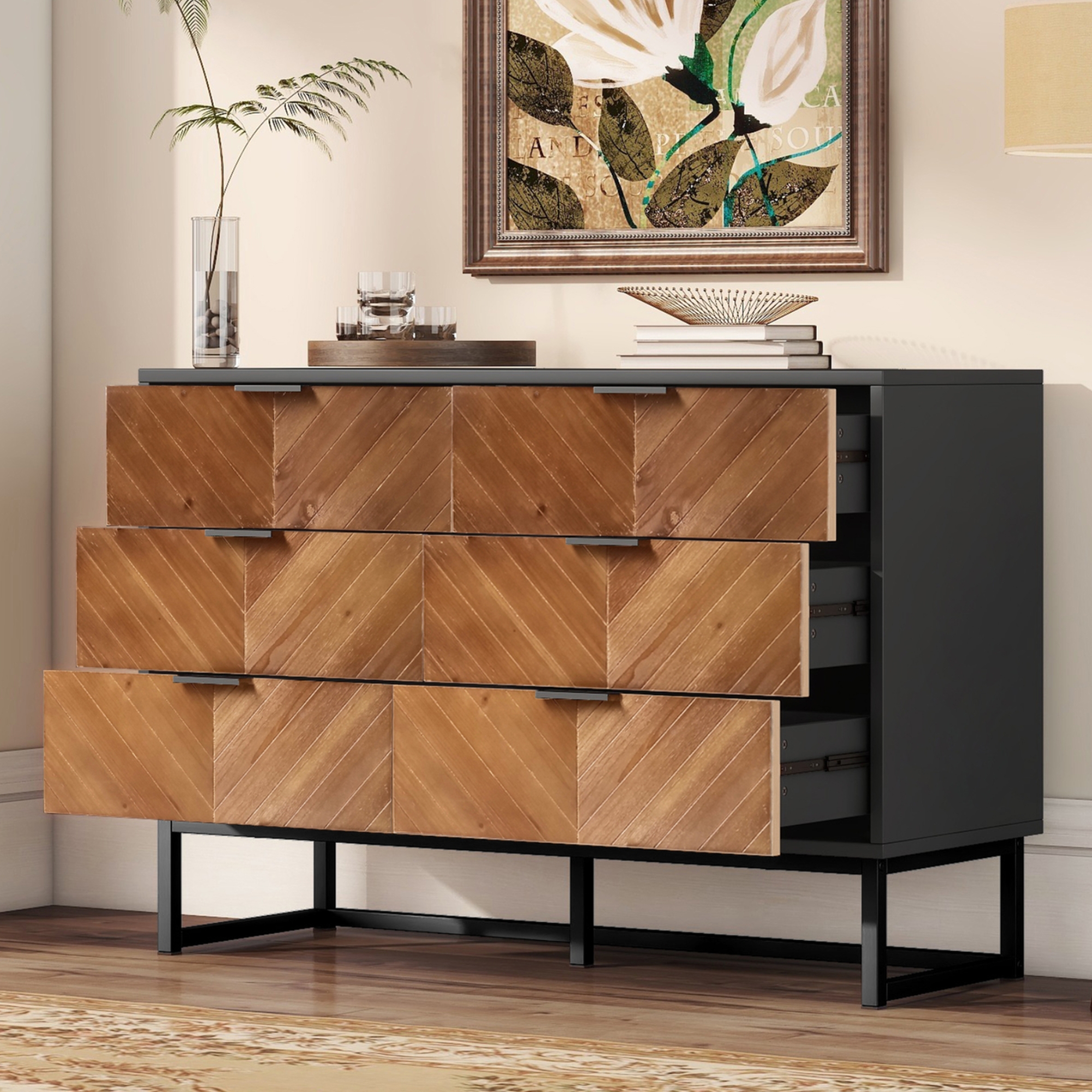 Spaco Dresser for Bedroom 6 Drawers Dresser& Chests of Drawers, Natural Wood Black Dresser