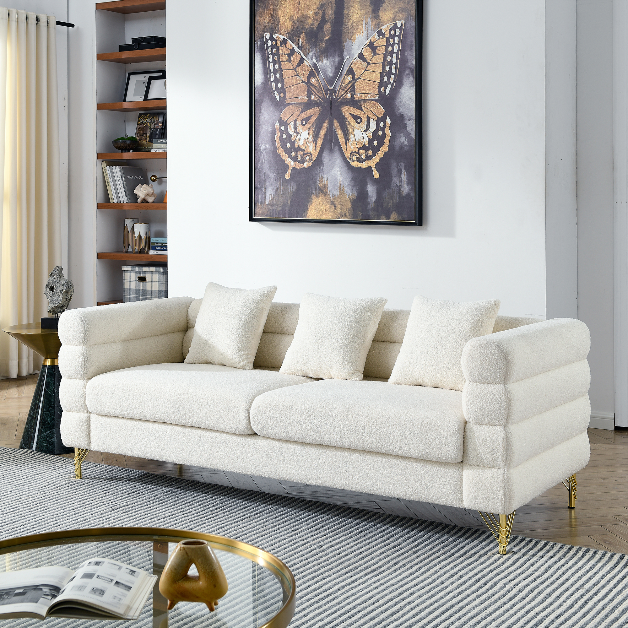 Kadyn 81" Loveseat 3 Seater Sectional Sofa, Fabric Sofa with 3 Pillows, Upholstered Sofa Couch for Living Room, White Teddy