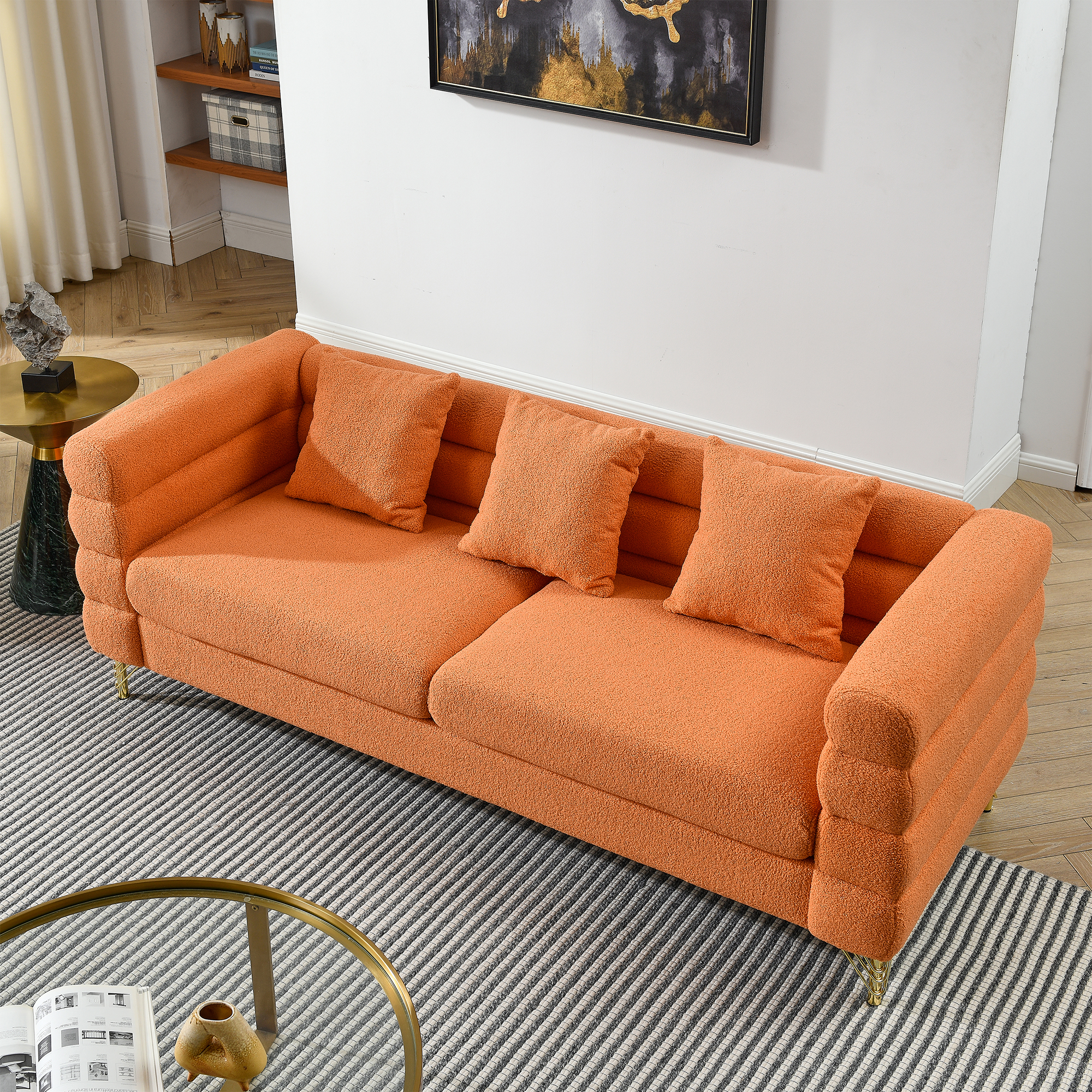 Kadyn 81" Loveseat 3 Seater Sectional Sofa, Fabric Sofa with 3 Pillows, Upholstered Sofa Couch for Living Room, Orange