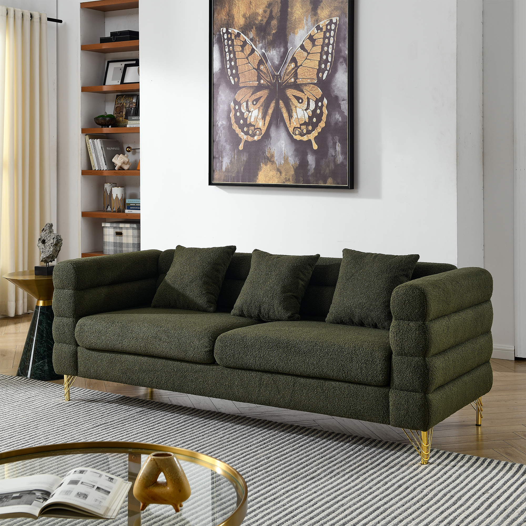 Kadyn 81" Loveseat 3 Seater Sectional Sofa, Fabric Sofa with 3 Pillows, Upholstered Sofa Couch for Living Room, Green