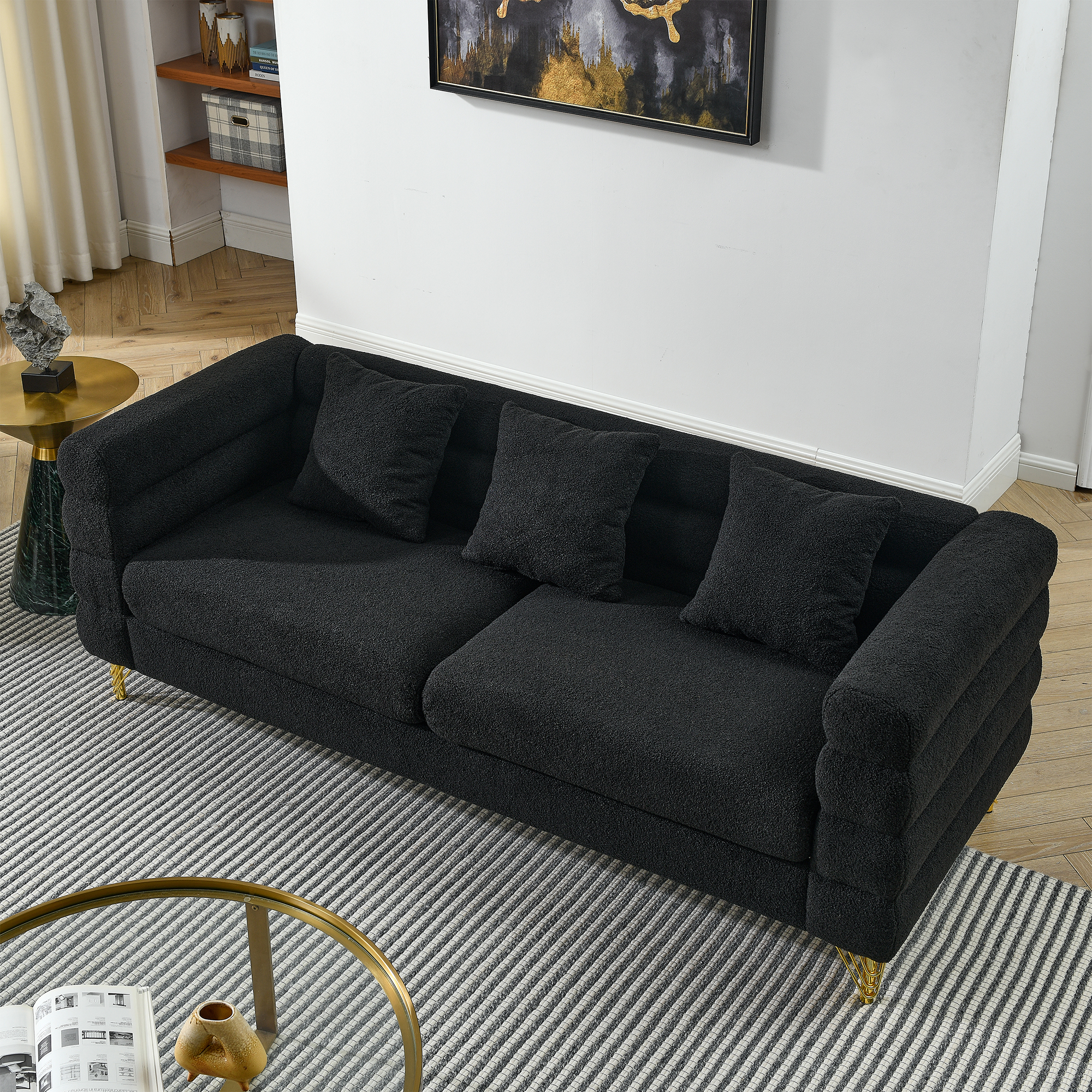 Kadyn 81" Loveseat 3 Seater Sectional Sofa, Fabric Sofa with 3 Pillows, Upholstered Sofa Couch for Living Room, Black