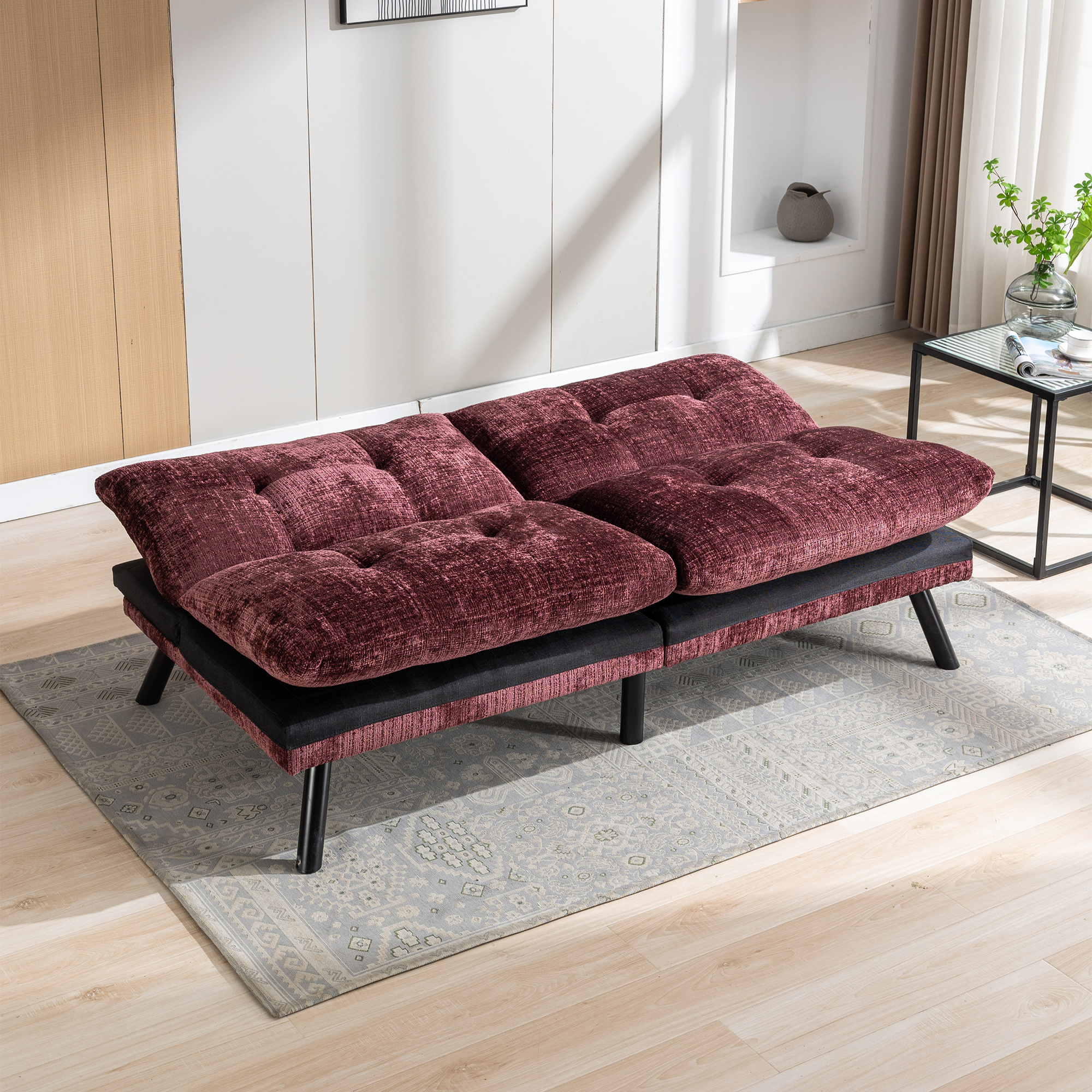 Kadyn Convertible Sofa Bed, Loveseat Futon Bed with Metal Legs, Adjustable Lounge Couch for Compact Living Space Chenille, Wine Red