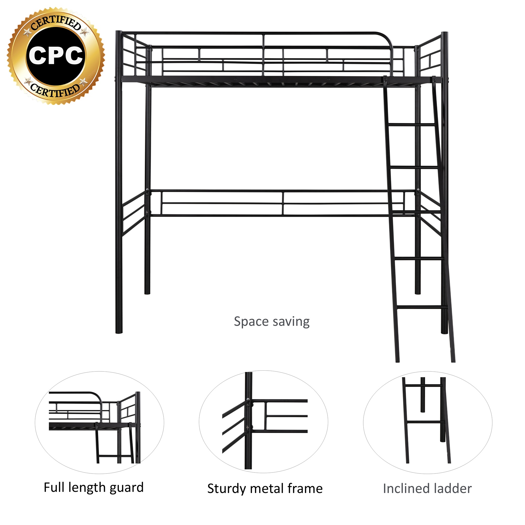 Spaco Homes Metal Loft Bed Twin Size, Black