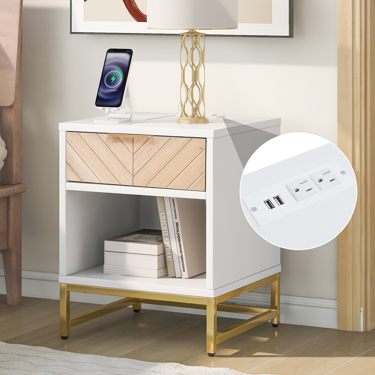 Kadyn Modern Nightstand, Bedside Table with USB Charging Station, Nightstand Side Table with Drawer for Bedroom, White+Natural