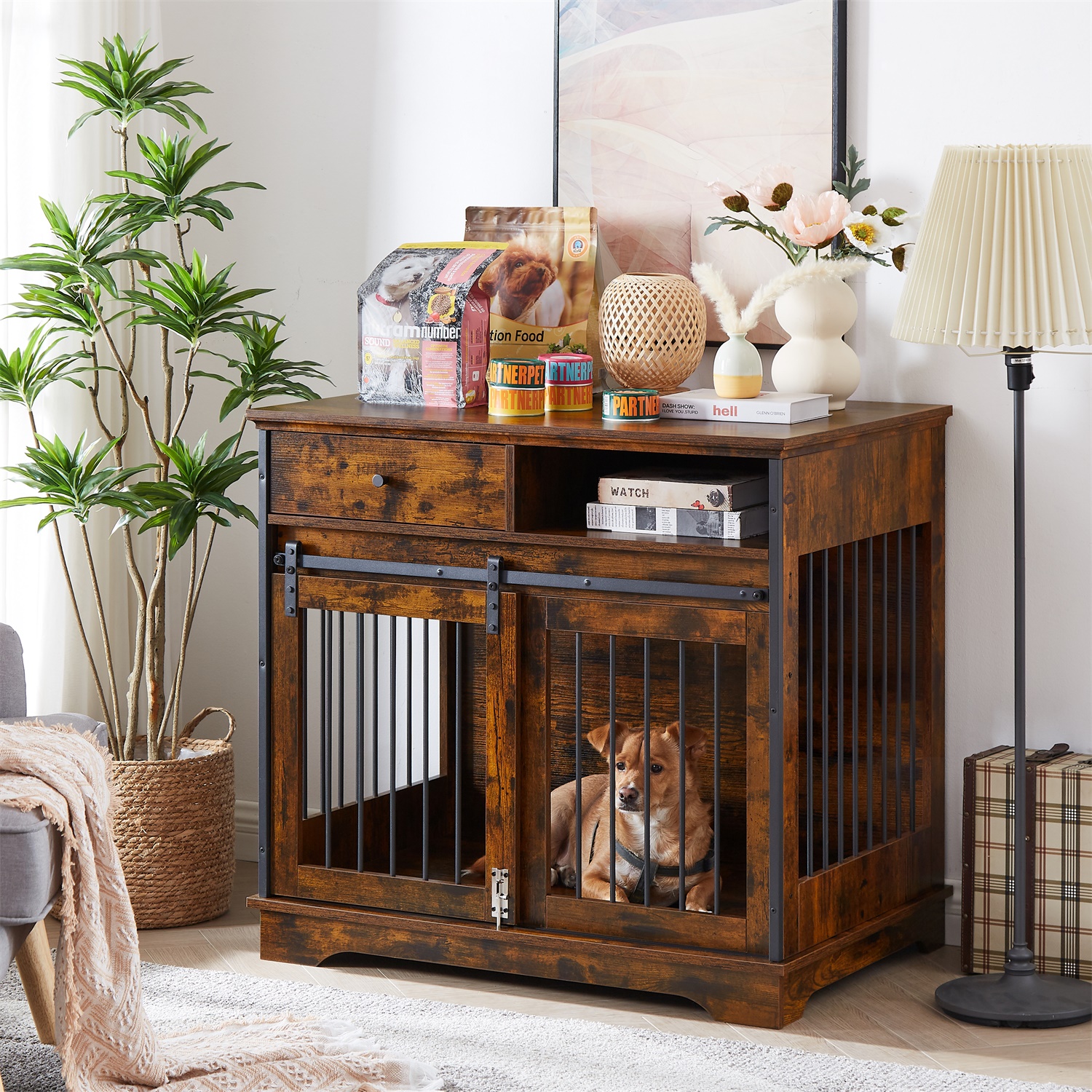 Pefilos 35" Sliding Door Dog Crate with Drawers, Wooden Dog Kennel End Table, Decorative Furniture Dog Crate, Brown