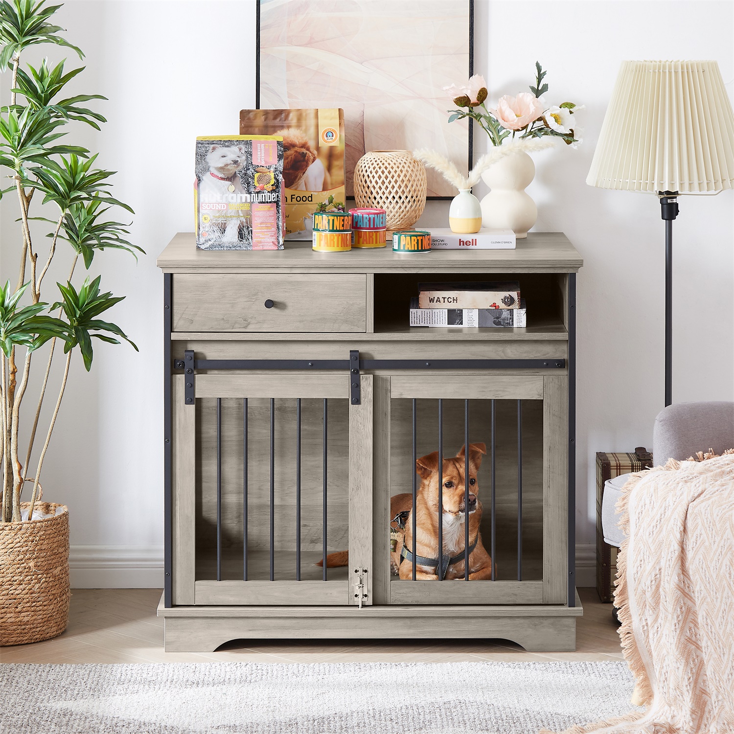 Pefilos 35" Wooden Dog Kennel End Table with Drawers and Sliding Door Dog Crate, Furniture Style Dog Crate, Gray