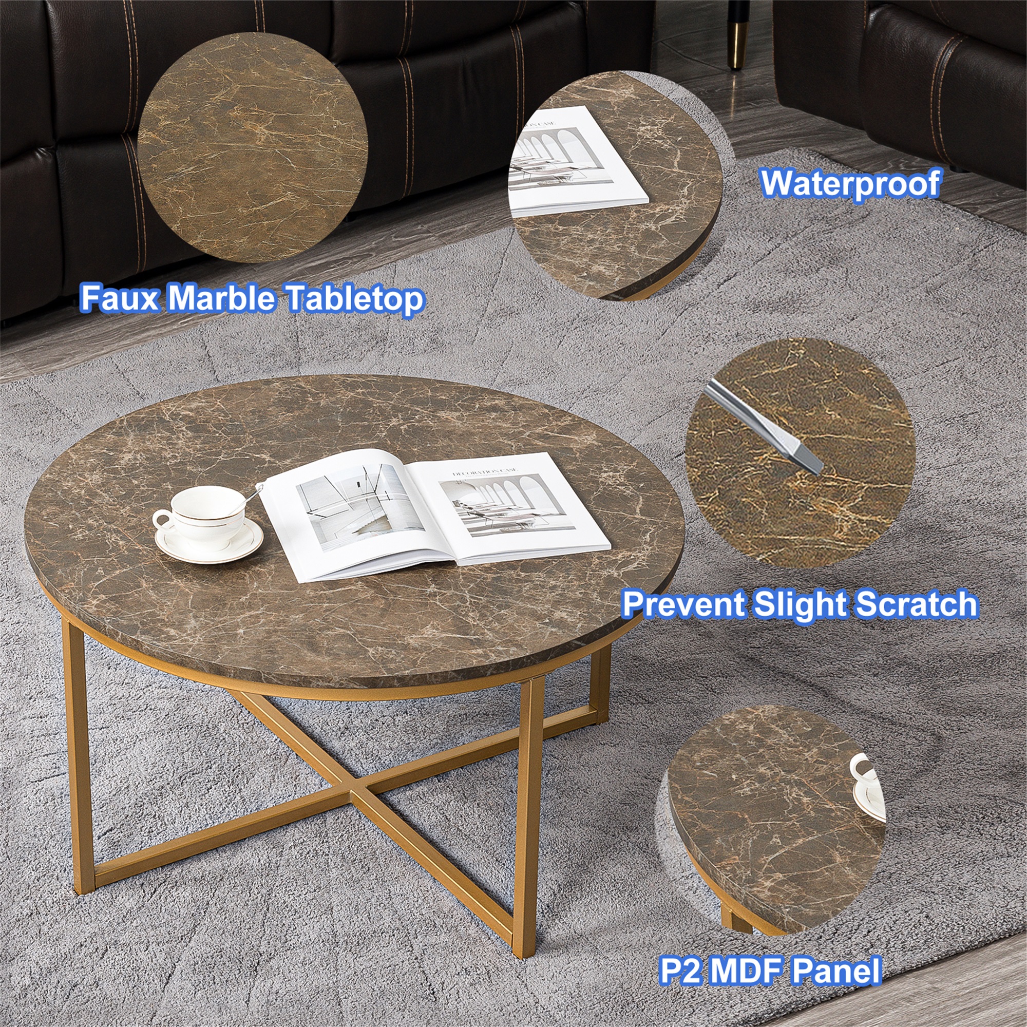 Spcao Modern Round Coffee Table for Living Room Marble Glass Center Coffee Table