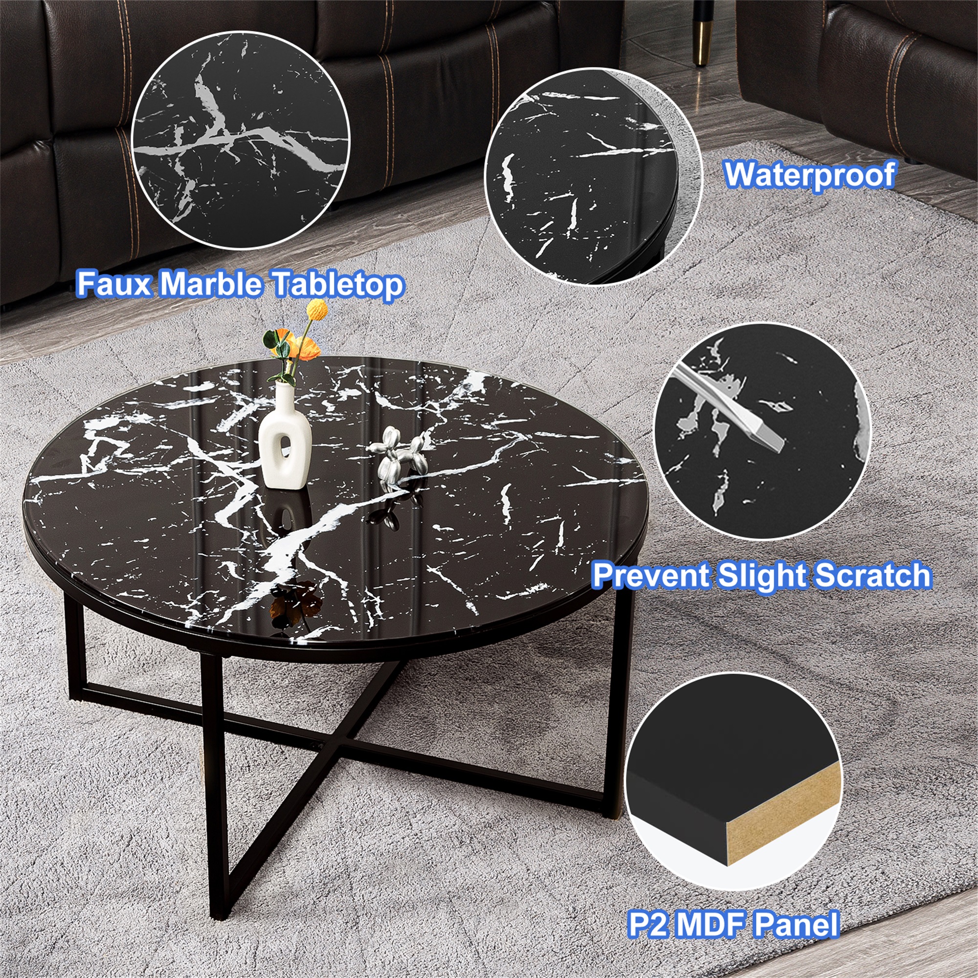 Spcao 32" Modern Round Coffee Table for Living Room Marble Glass Center Coffee Table