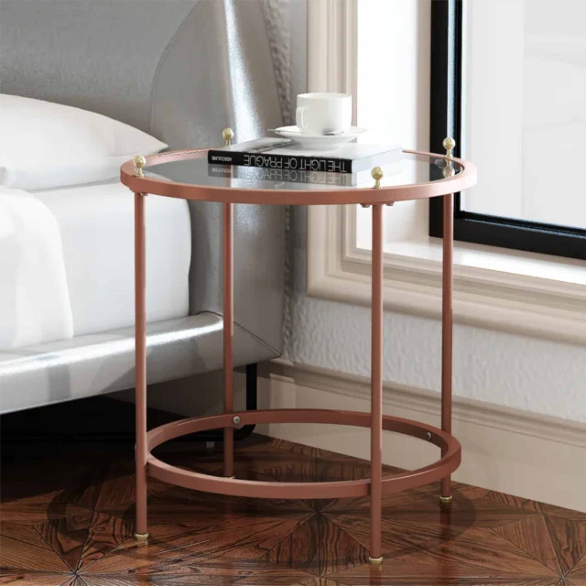 Spaco Small End Tables for Small Spaces Side Table with Storage Glass Round