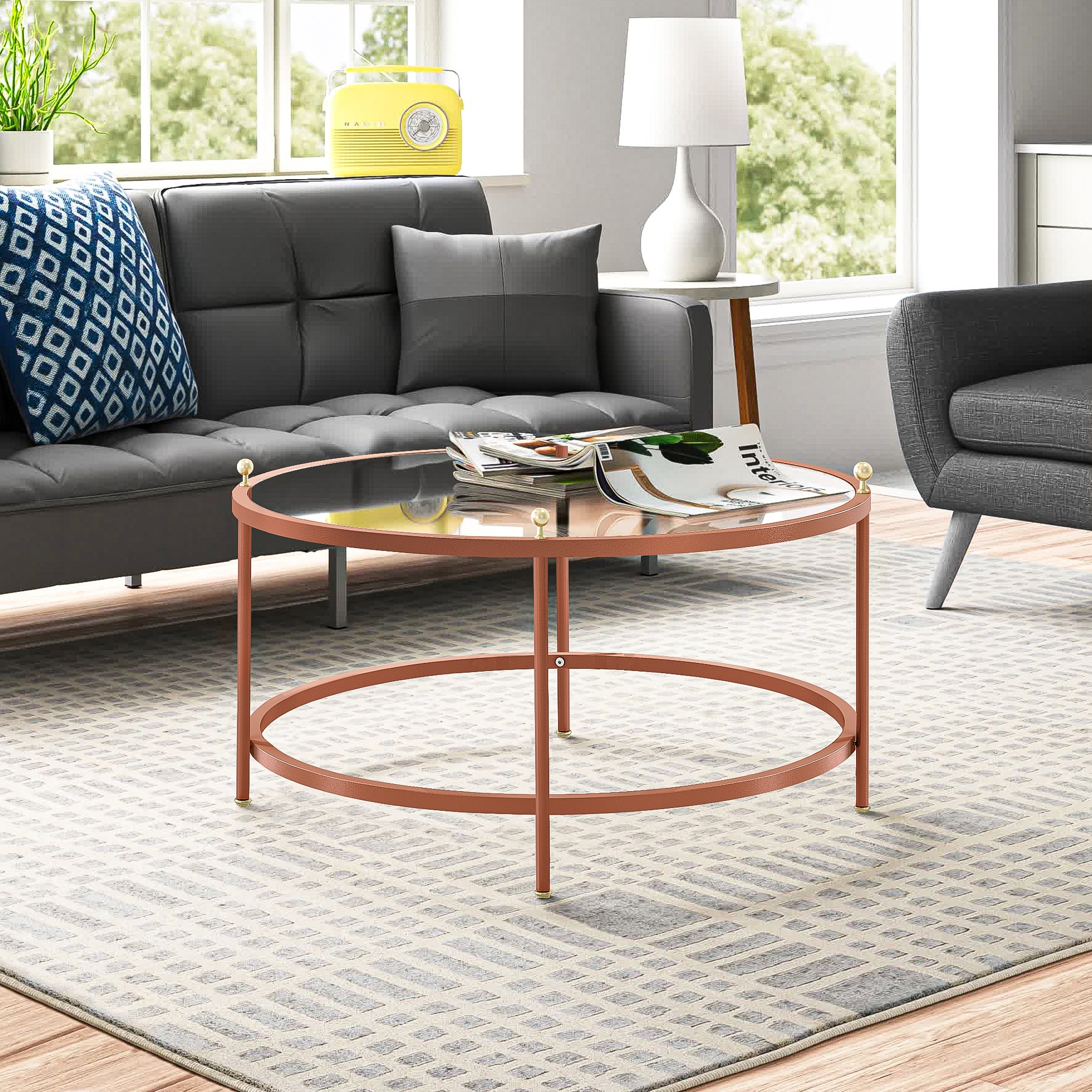 Spaco Glass Coffee Table Round for Living Room Center Coffee Table with Storage