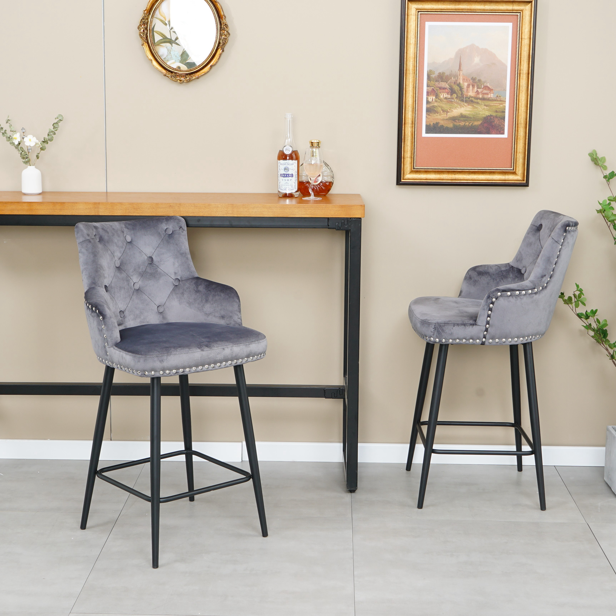 Spaco Bar Stools Set of 2 Counter Height Bar Stools Velvet Upholstered, Grey