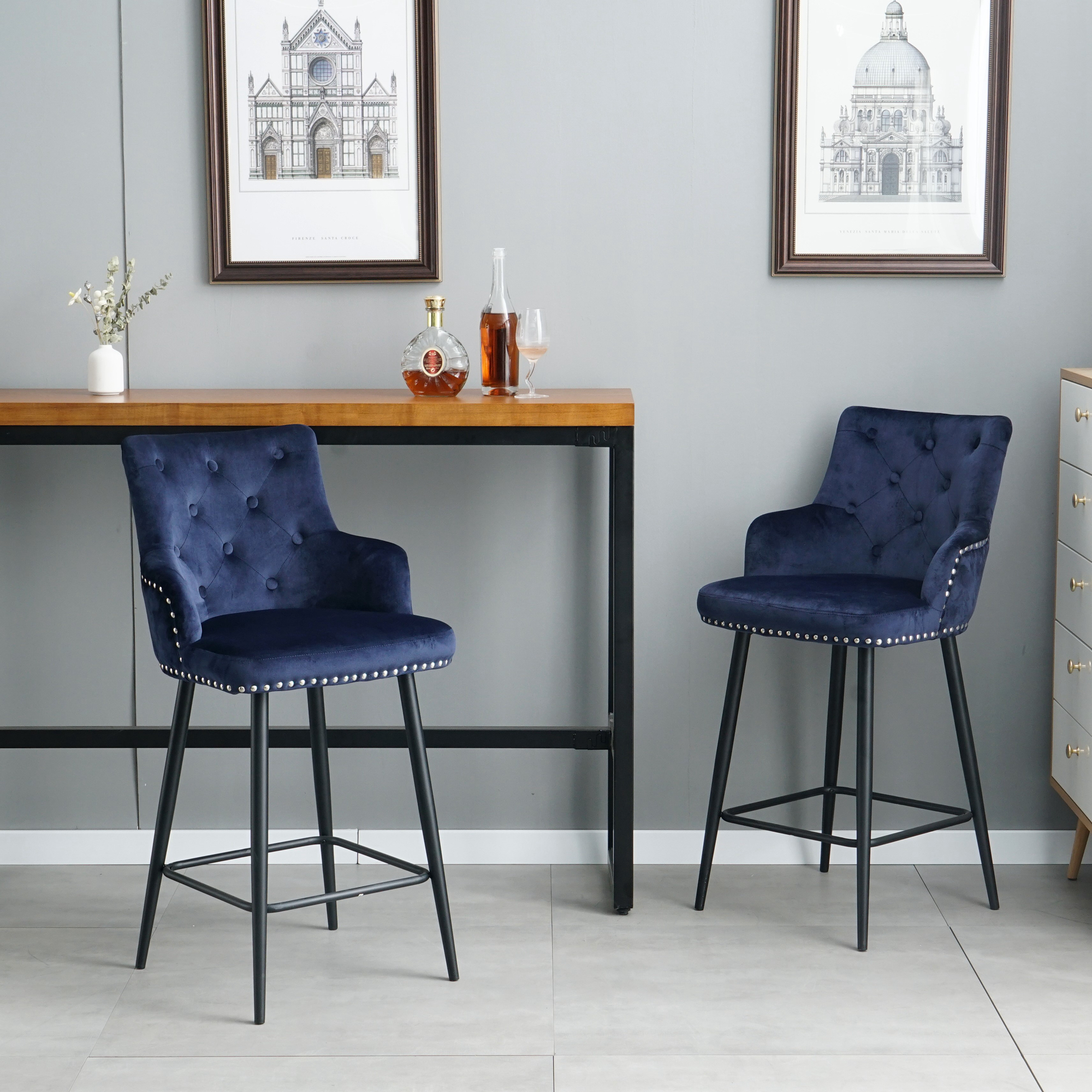 Spaco Bar Stools Set of 2 Counter Height Bar Stools Velvet Upholstered, Blue