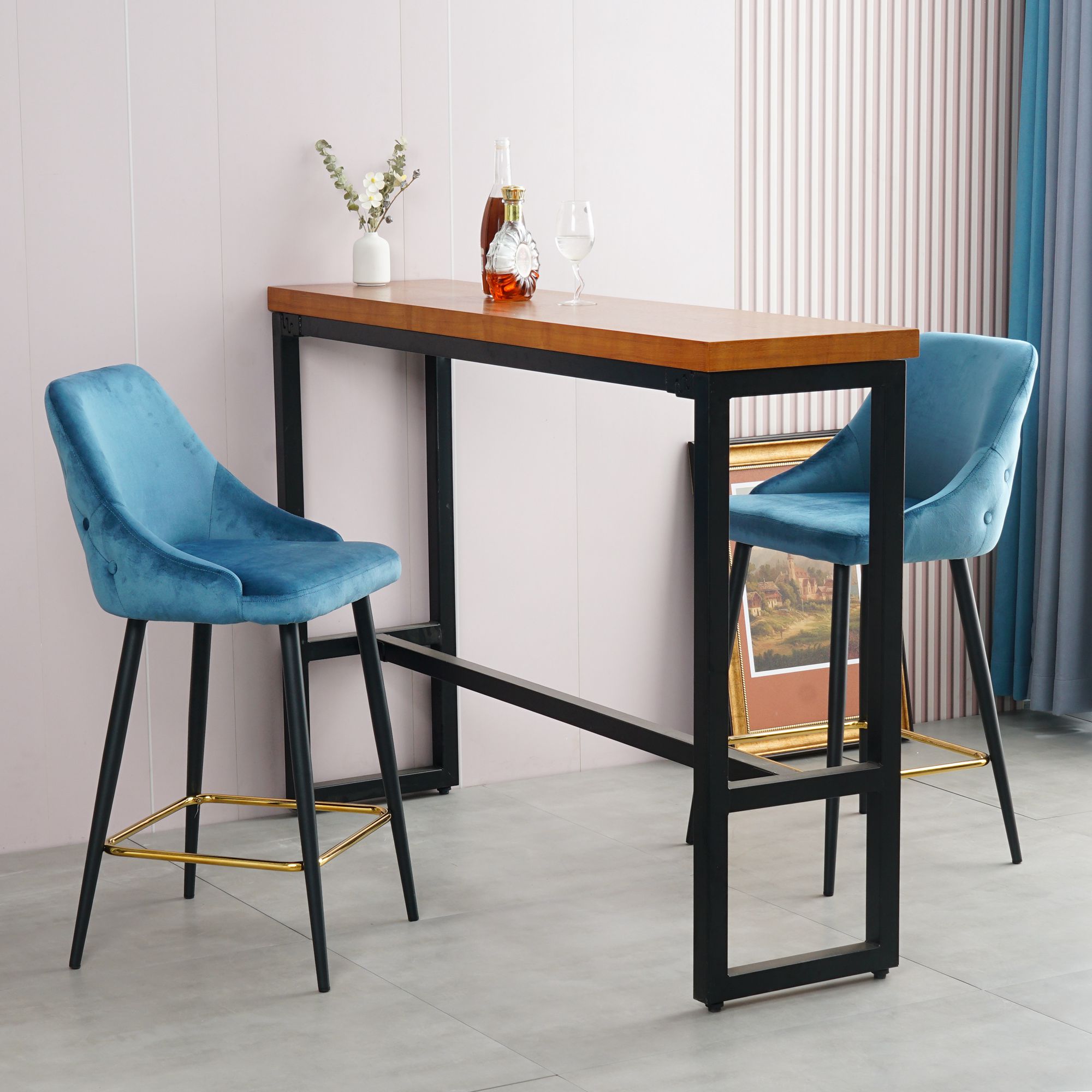 Spaco Modern Bar Stools Set of 2 Counter Height Bar Stools Velvet Upholstered, Blue