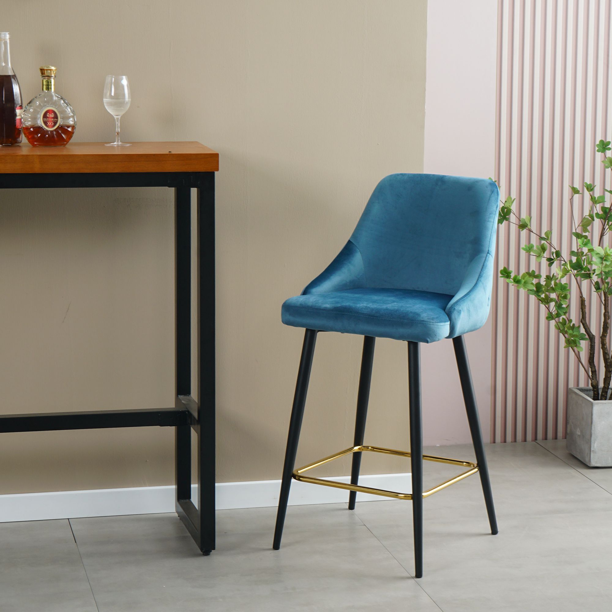 Spaco Modern Bar Stools Set of 2 Counter Height Bar Stools Velvet Upholstered, Blue