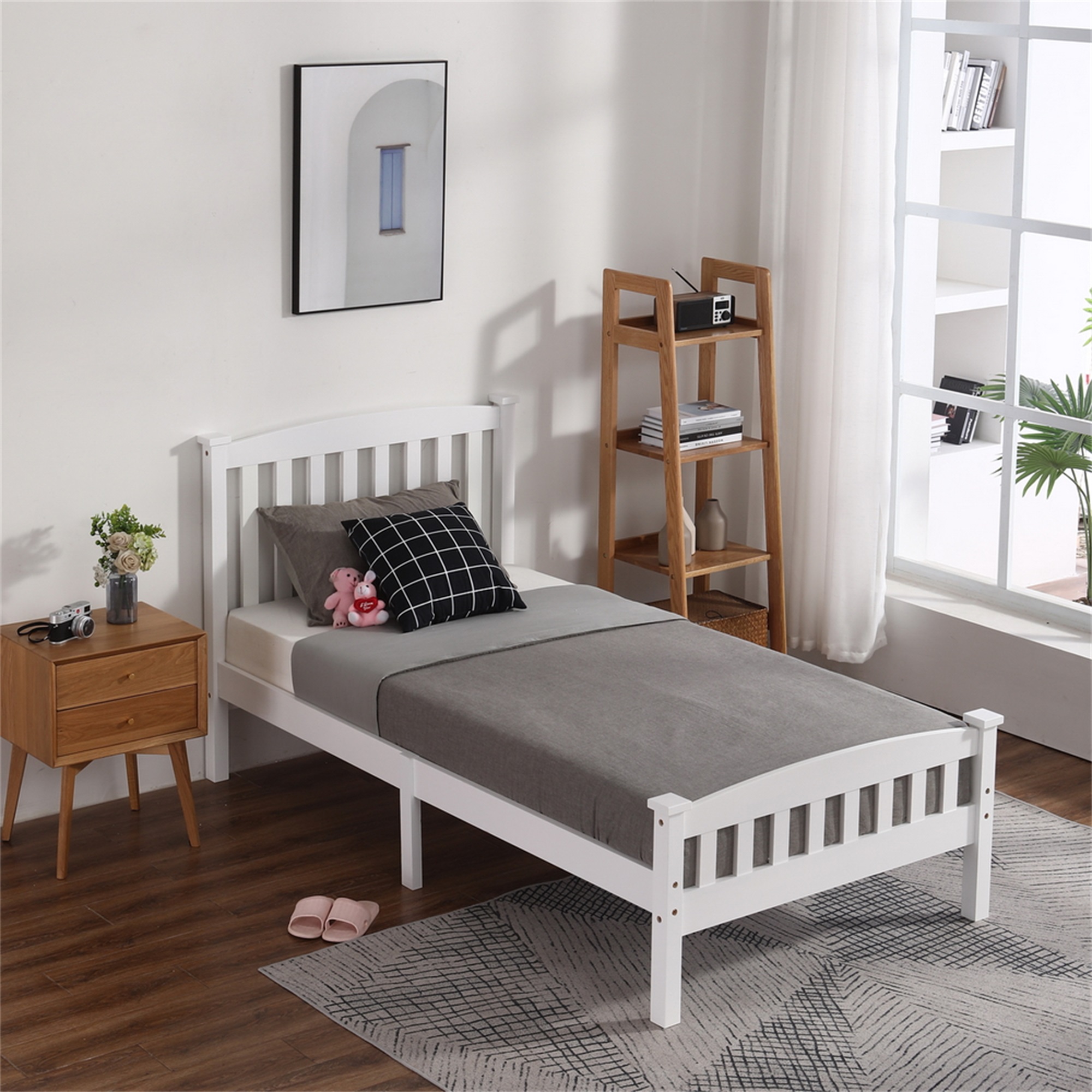 Spaco Twin Bed Frame with Headboard for Kids Adults, Slatted Wood Platform Bed Twin size, Grey