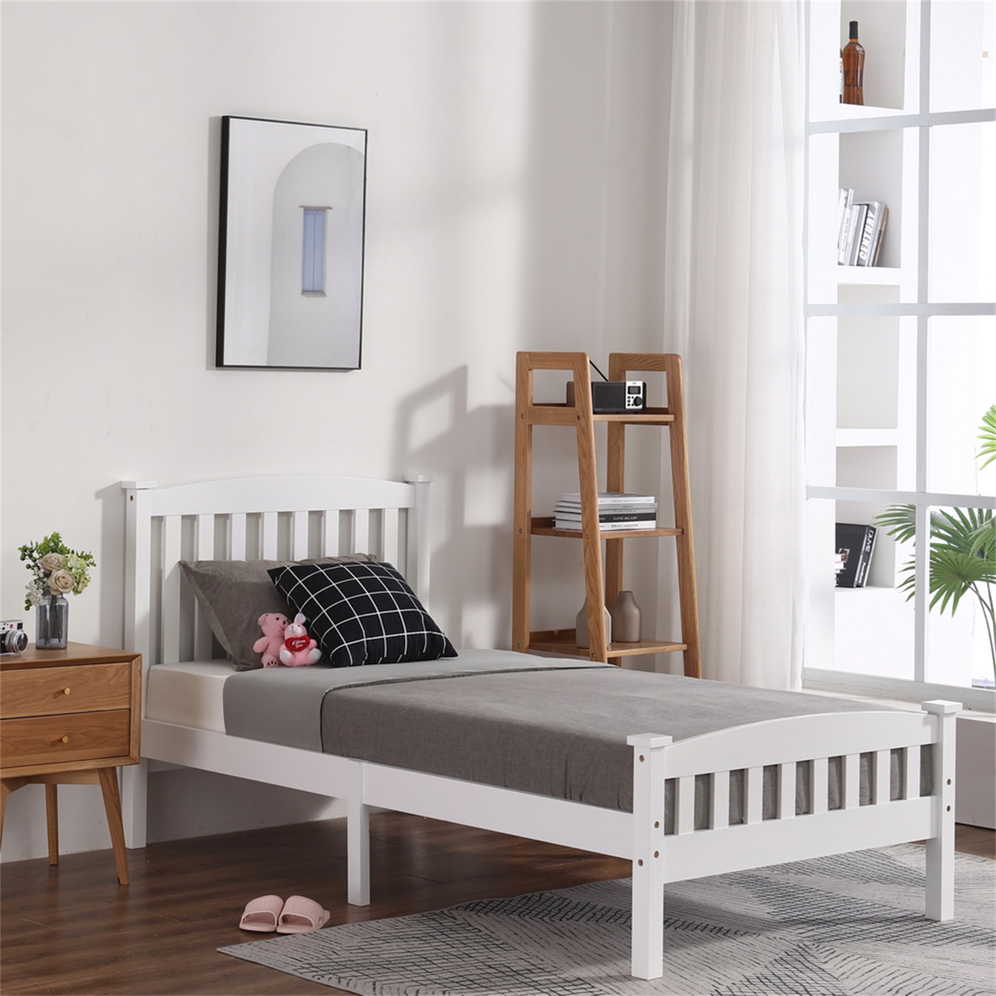 Spaco Twin Bed Frame with Headboard for Kids Adults, Slatted Wood Platform Bed Twin size, Grey