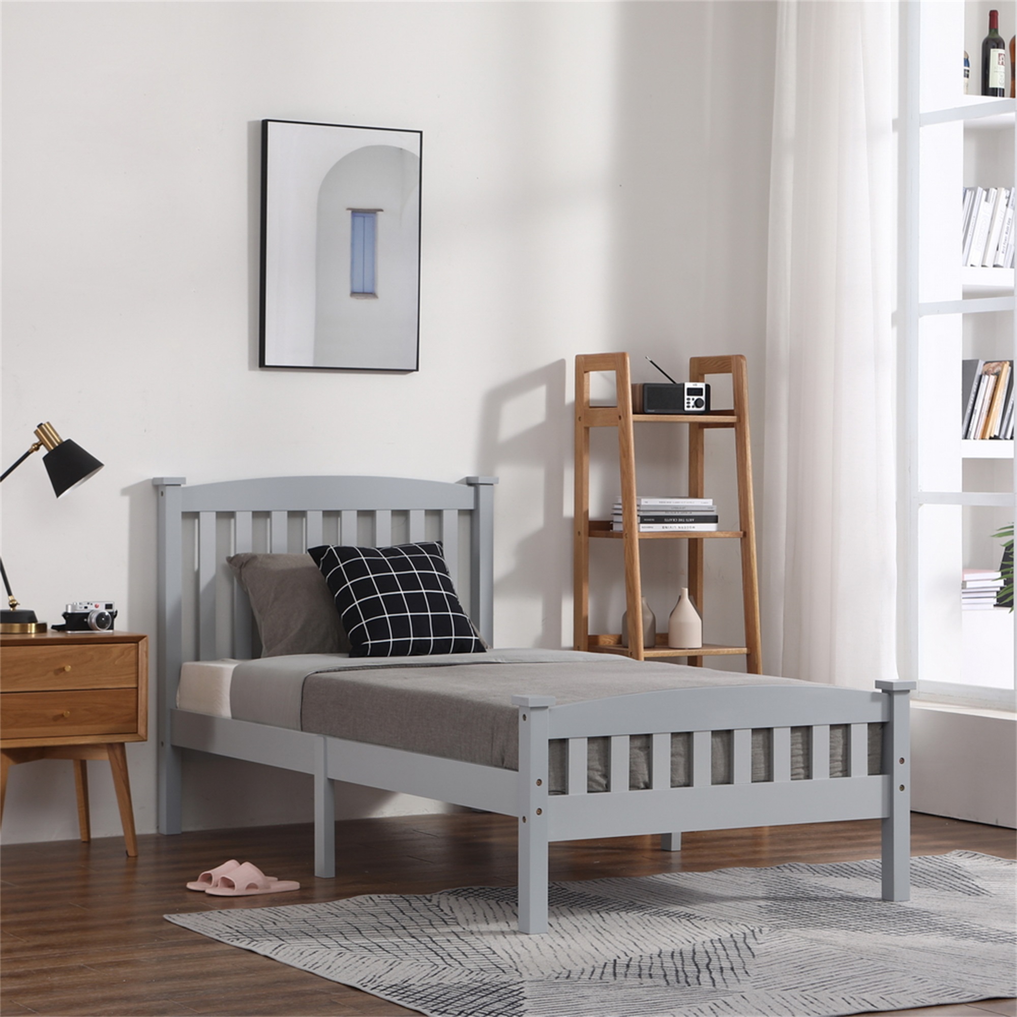 Spaco Twin Bed Frame with Headboard for Kids Adults, Wood Platform Bed Twin size, White