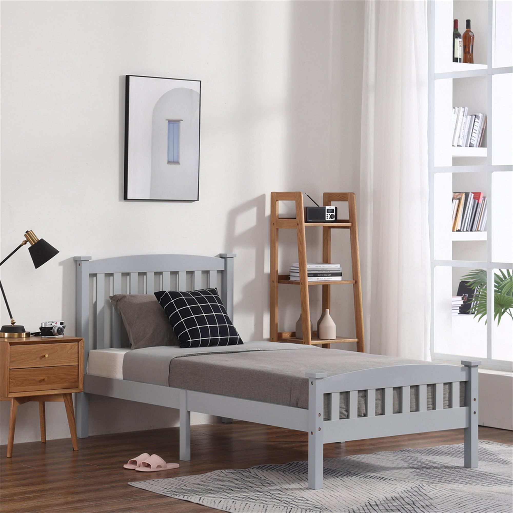 Spaco Twin Bed Frame with Headboard for Kids Adults, Wood Platform Bed Twin size, White