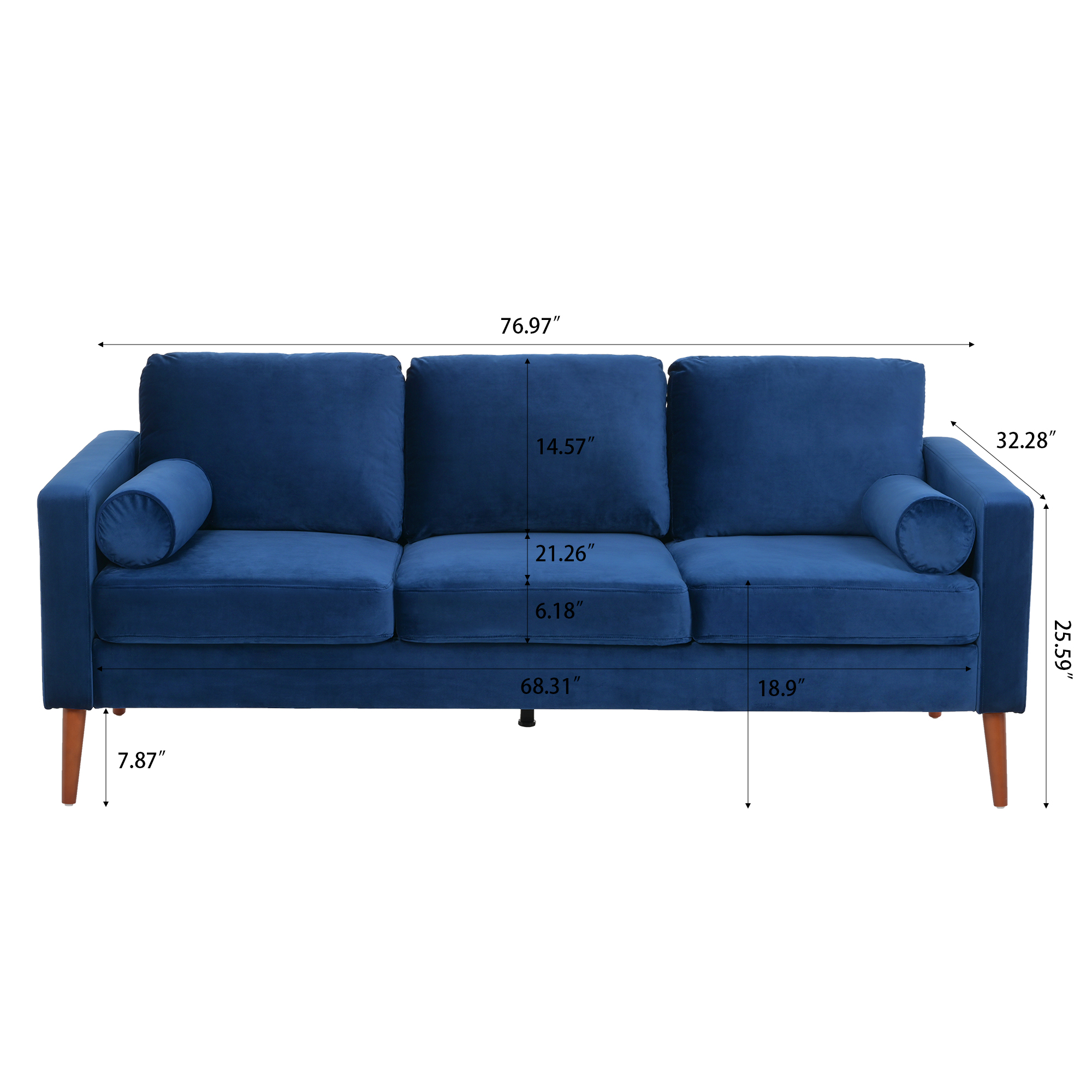 Spacp 3 Seat Small Couches For Living Room Vertical Velour Sofe with 2 Soft Pillows, Blue