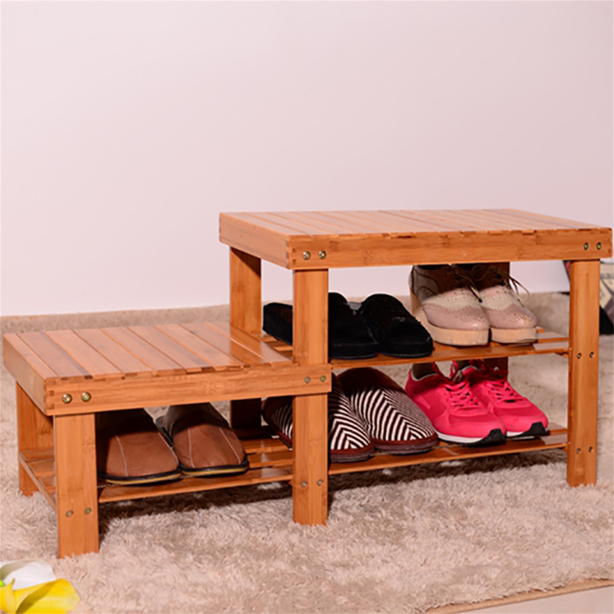 Kadyn Bamboo Stool Shoe Rack, Shoe Rack Bench with Boots Compartment, Entryway Bench for Kids, Wood Color