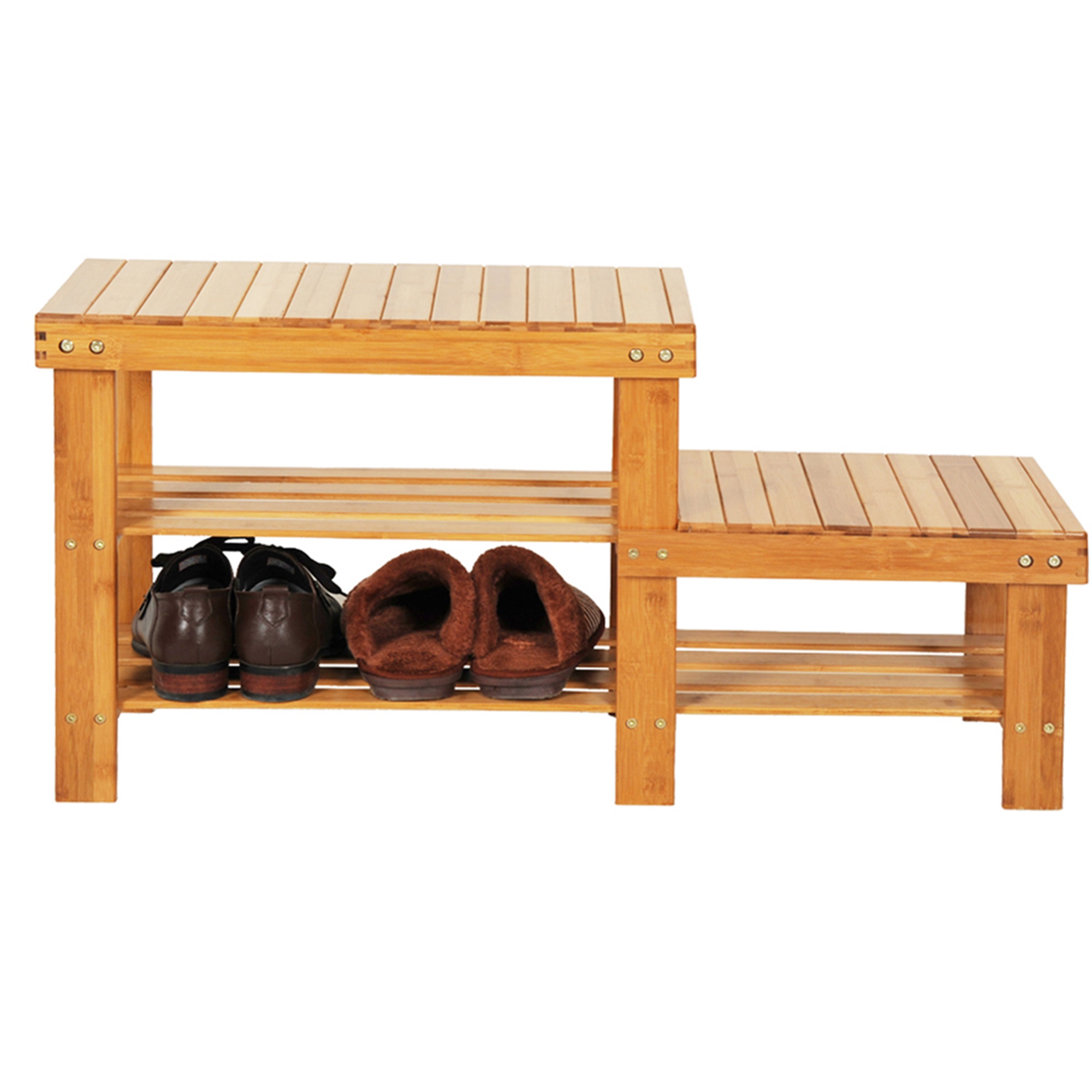 Kadyn Bamboo Stool Shoe Rack, Shoe Rack Bench with Boots Compartment, Entryway Bench for Kids, Wood Color