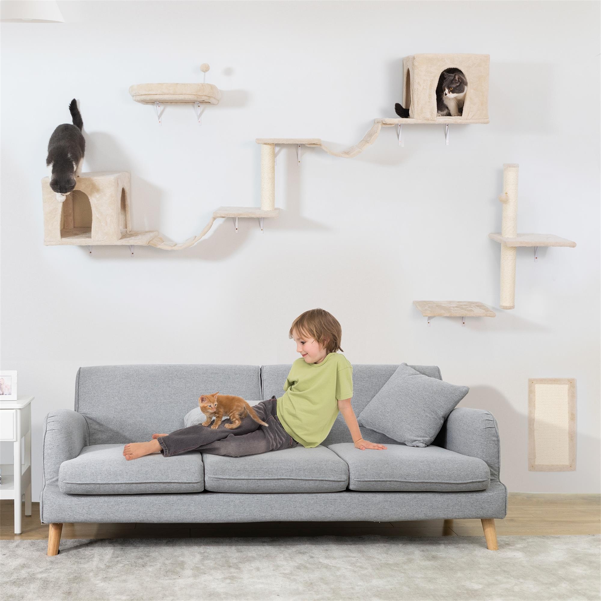 Pefilos 6 Set Wall-mounted Cat Tree House, Cat Furniture with 2 Cat Condos, 3 Cat Wall Shelves, 2 Ladder, 1 Cat Perch, Sisal Cat Scratching Posts and Pad, Beige