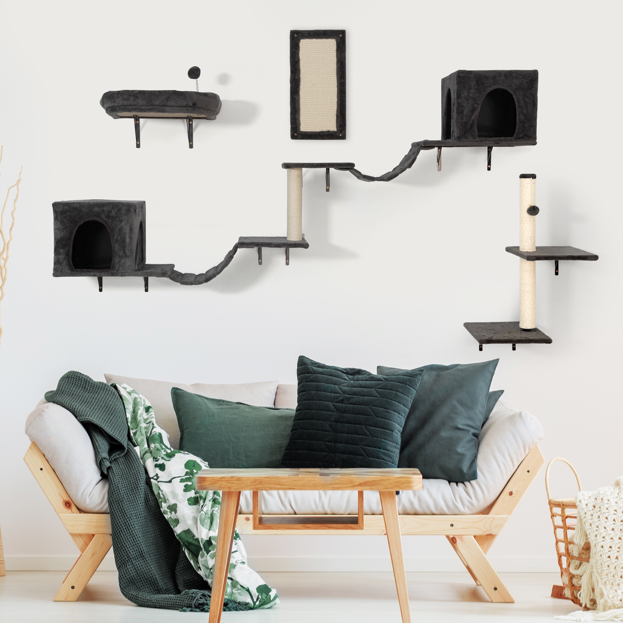 Pefilos 6 Set Wall-mounted Cat Tree House, Cat Furniture with 2 Cat Condos, 3 Cat Wall Shelves, 2 Ladder, 1 Cat Perch, Sisal Cat Scratching Posts and Pad, Dark Gray Pefilos 6 Set Wall-mounted Cat Tree House, Cat Furniture with 2 Cat Condos, 3 Cat Wall Shelves, 2 Ladder, 1 Cat Perch, Sisal Cat Scratching Posts and Pad, Dark Gray