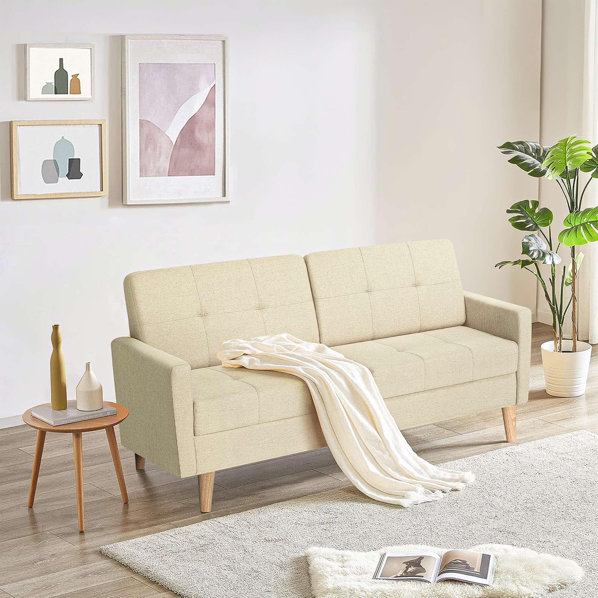 Kadyn Loveseat Sofa Bed, Mordern Convertible Sofa with Adjustable Backrest and Wooden Legs, 2-Seat Couch for Bedroom, Beige