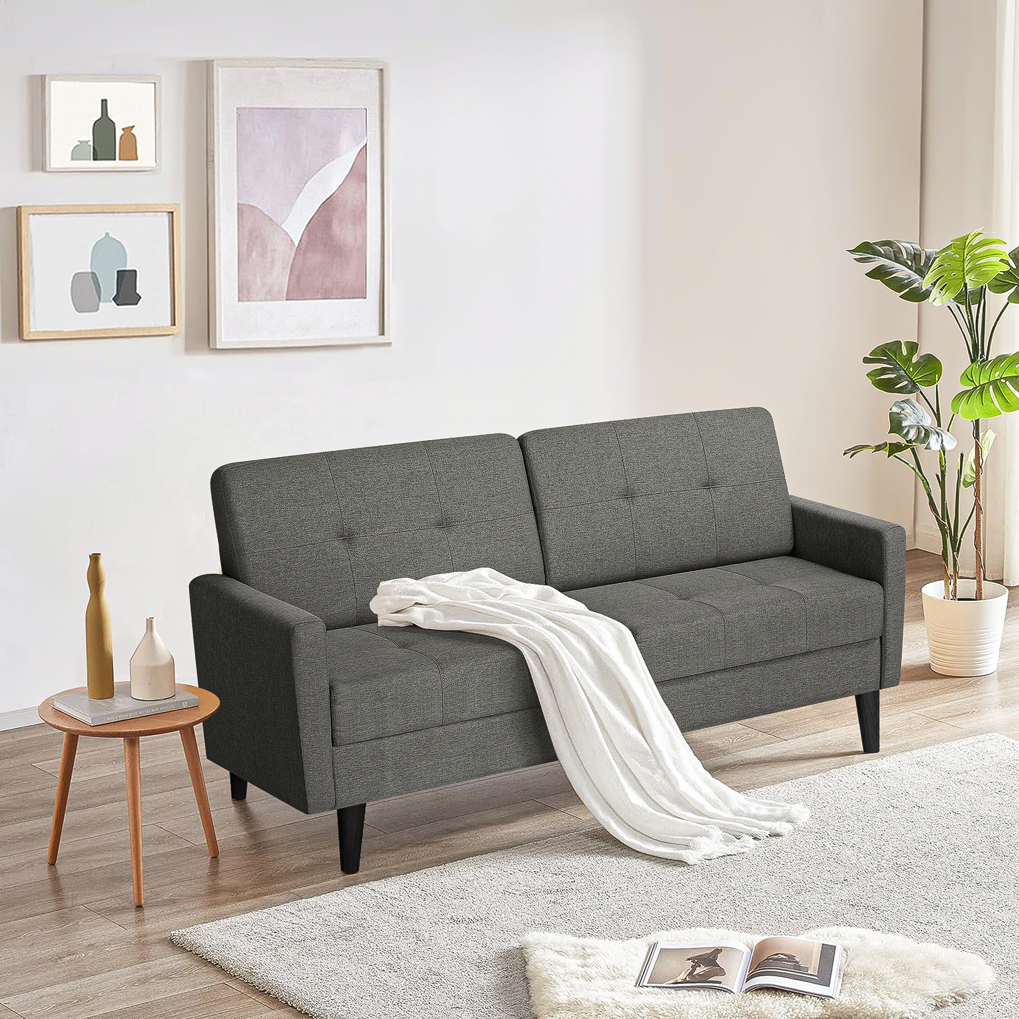 Kadyn Loveseat Sofa Bed, Mordern Convertible Sofa with Adjustable Backrest and Wooden Legs, 2-Seat Couch for Bedroom, Grey