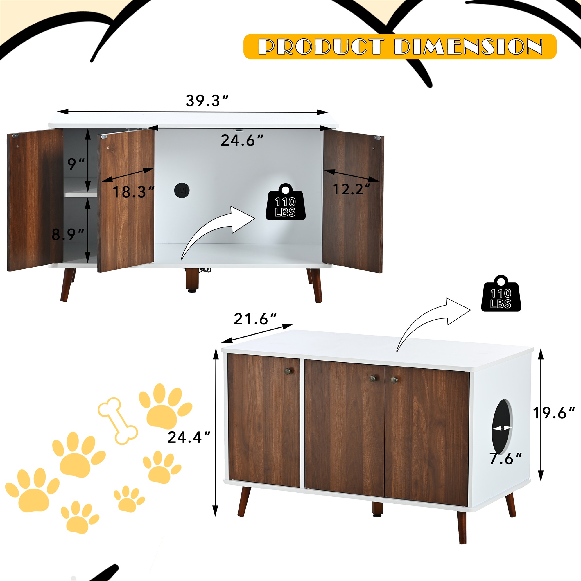 Pefilos 39" Litter Box Enclosure, Cat Litter Box Furniture with Hidden Plug, 3 Doors Indoor Cat House Washroom, White+Brown