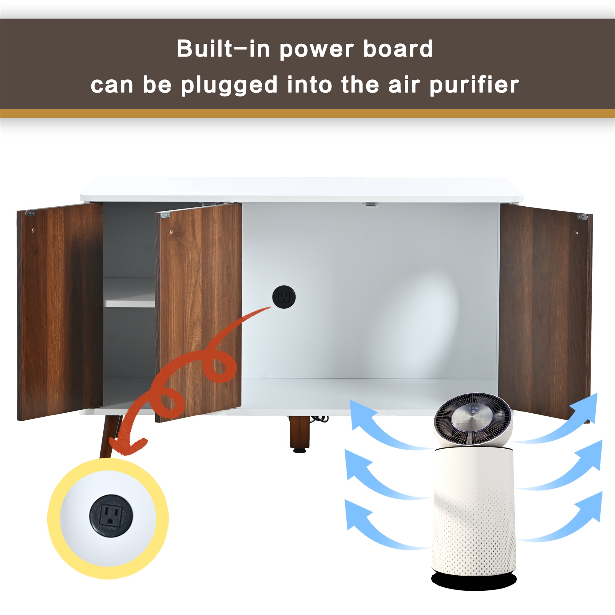 Pefilos 39" Hidden Cat Litter Box Enclosure Furniture, Modern Wood Cat House, Cat Washroom with Plug, White+Brown