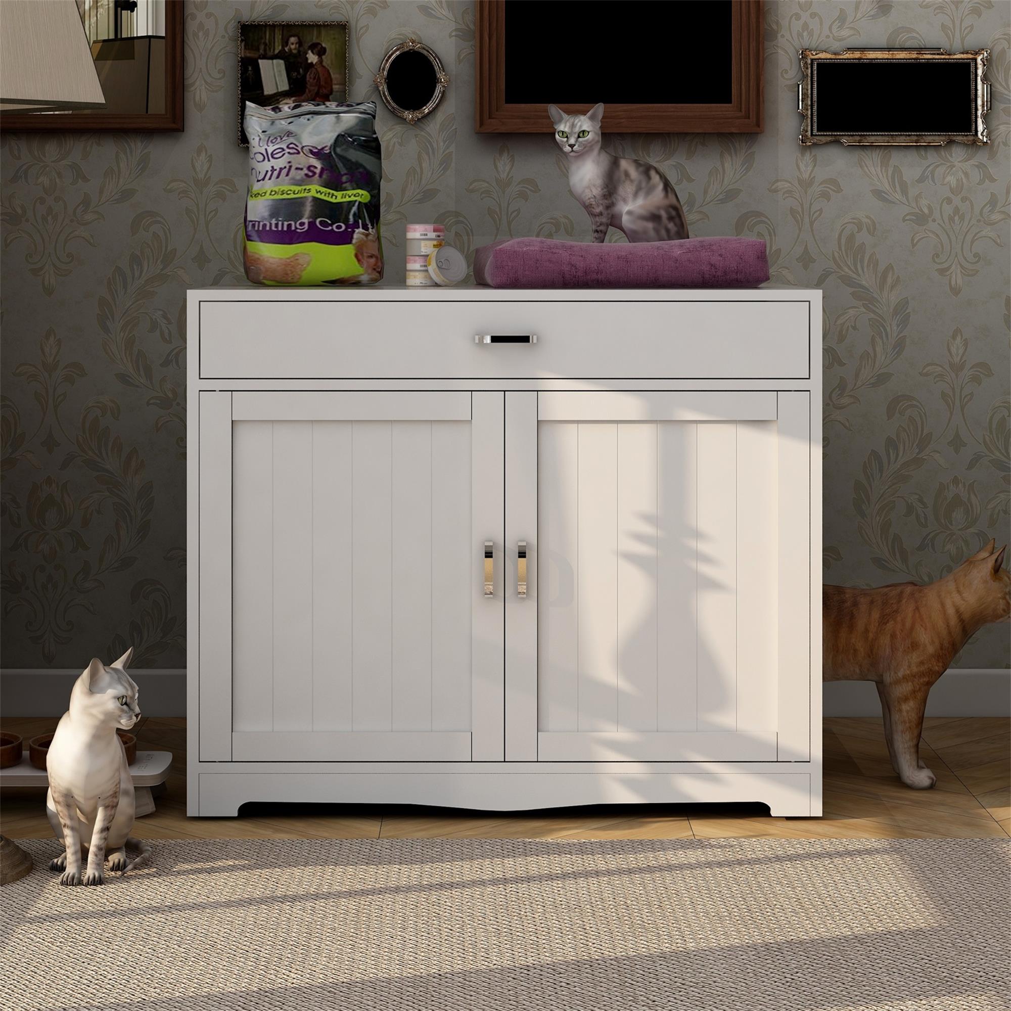 Pefilos 31" Cat Litter Box Enclosure, Hidden Cat Washroom Furniture with Divider, Large Wooden Pet House, Enough for Most of Orange Cat and Litter Box, White Pefilos 31" Cat Litter Box Enclosure, Hidden Cat Washroom Furniture with Divider, Large Wooden Pet House, Enough for Most of Orange Cat and Litter Box, White