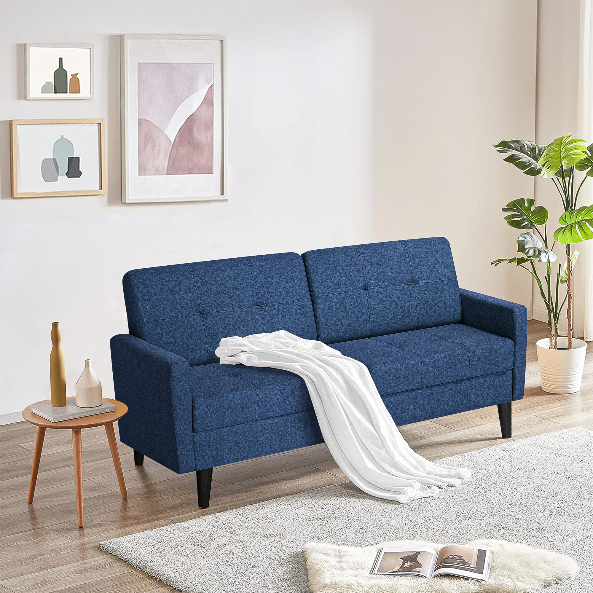 Spaco Linen Fabric Sofa Bed Mordern Convertible Loveseat Couch For Living Room, Blue