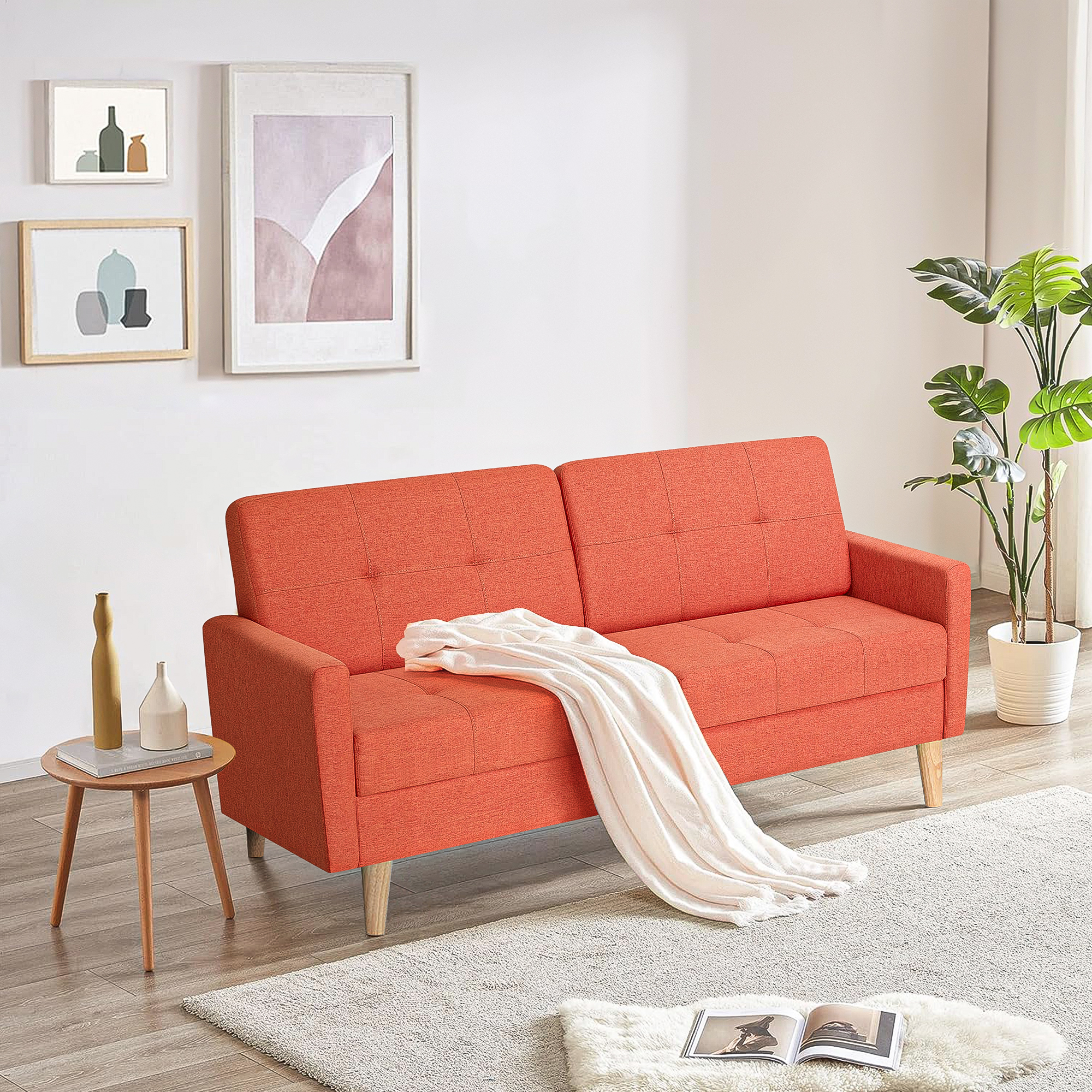 Spaco Linen Fabric Sofa Bed Mordern Convertible Loveseat Couch For Living Room, Orange