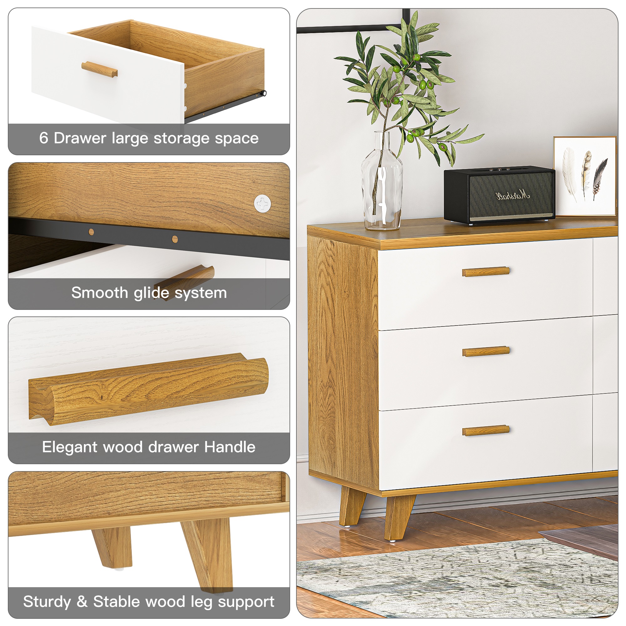 Spaco Dresser for Bedroom 6 Drawers Dresser Chest of Drawer Bedroom Furniture, White Dresser