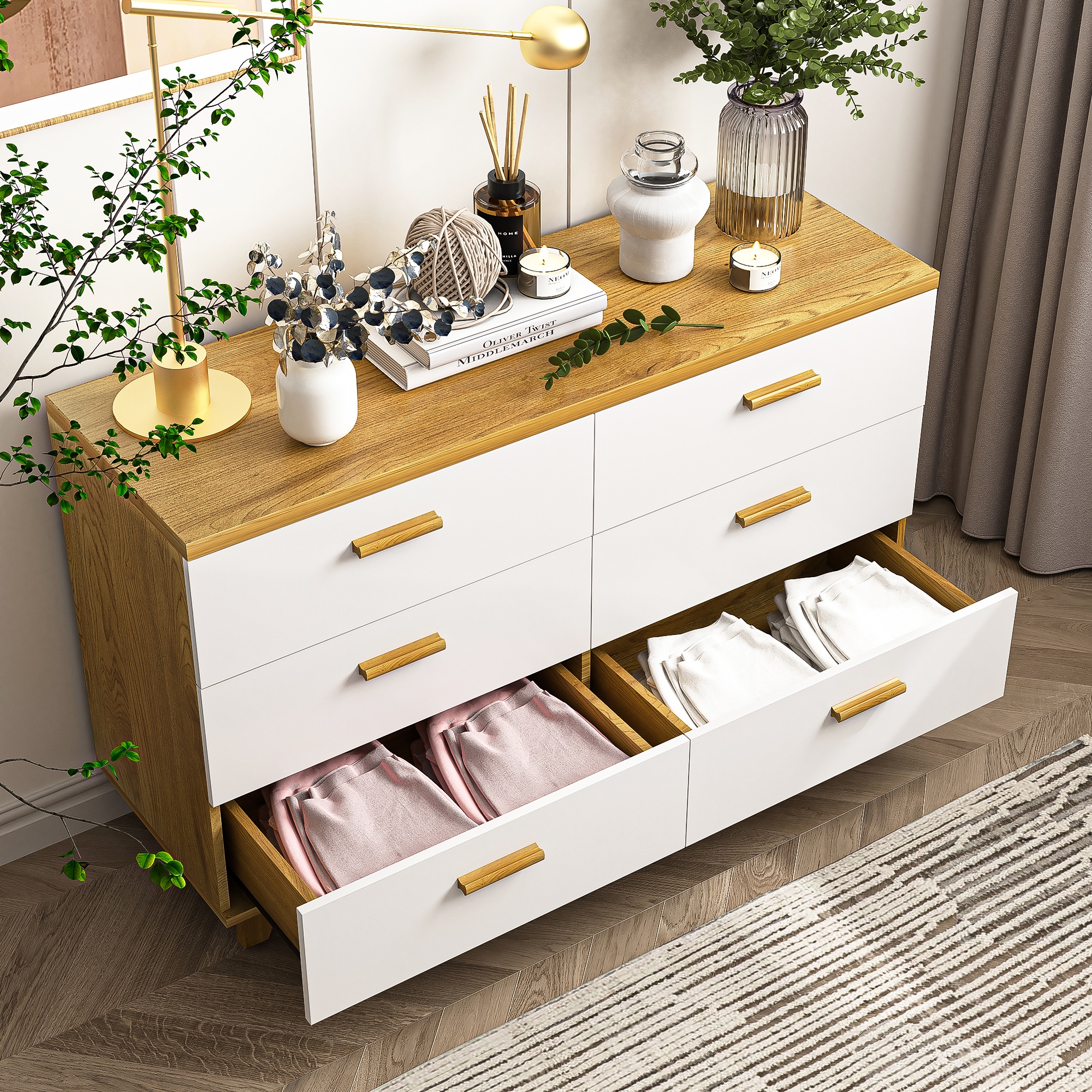 Spaco Dresser for Bedroom 6 Drawers Dresser Chest of Drawer Bedroom Furniture, White Dresser