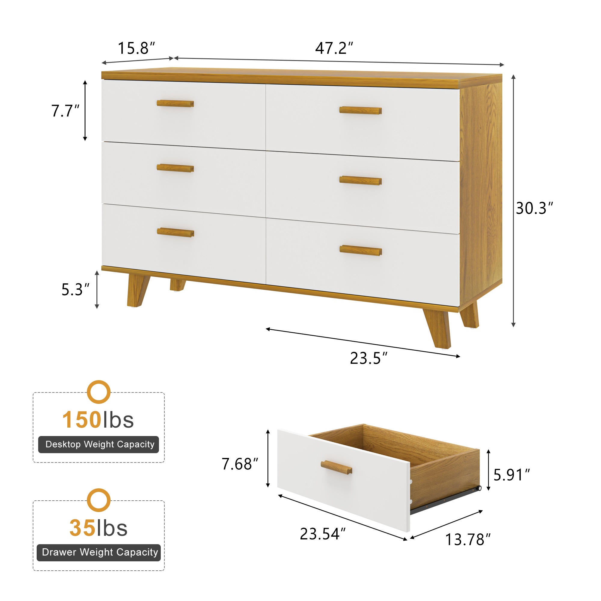 Spaco Dresser for Bedroom 6 Drawers Dresser Chest of Drawer Bedroom Furniture, White Dresser