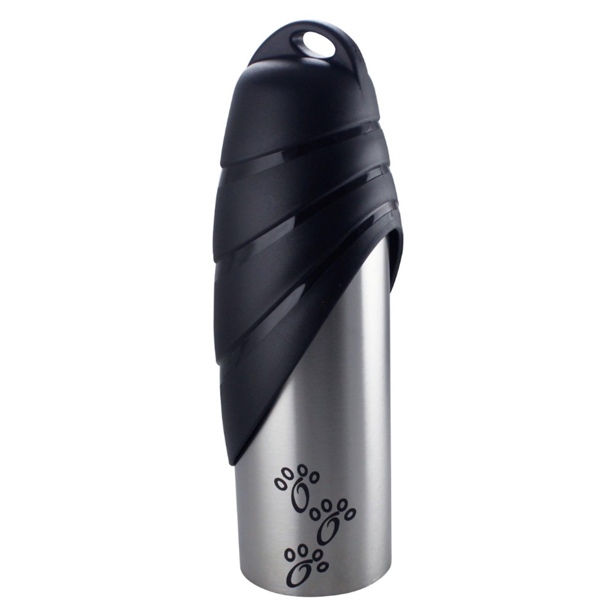 Pefilos 25.36 oz Plastic Fin Cap Pet Travel Dog Water Bottle in Stainless Steel for Small Dogs, Silver and Black M