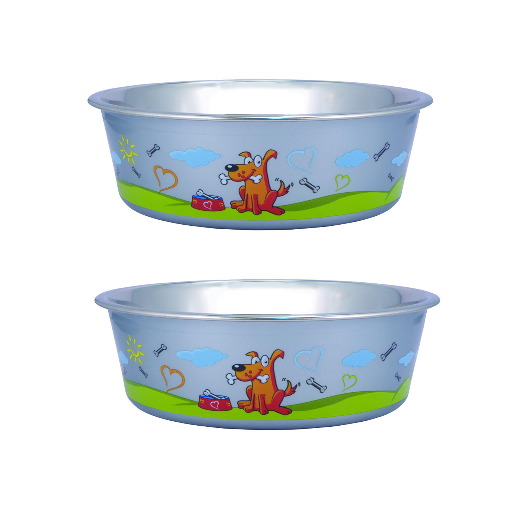 Pefilos 54.1 oz Stainless Steel Pet Bowl with Anti Skid Rubber Base and Dog Design, 2Pcs 8.46"x2.76" Dog Bowls for Medium Dogs, Blue