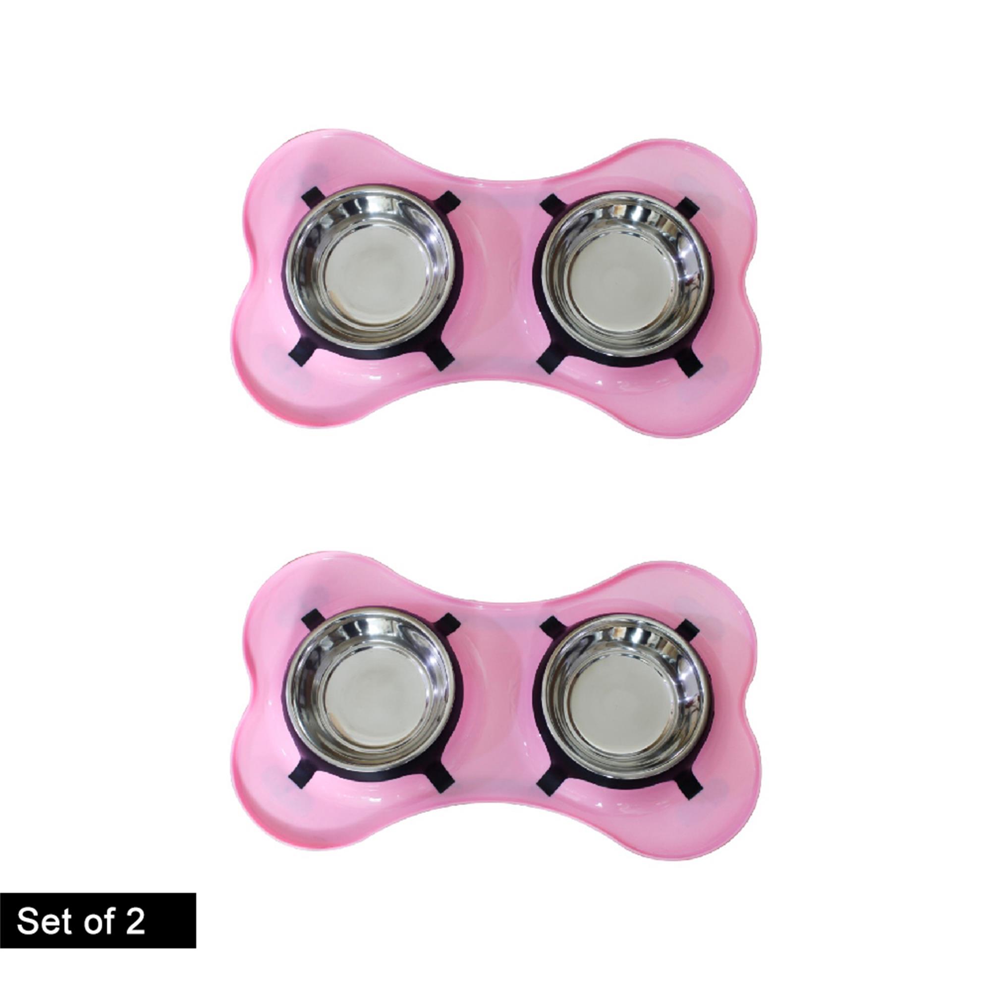 Pefilos 2 Set 13.5 oz Bone Shaped Plastic Pet Double Diner with 2 Stainless Steel Dog Bowls for Feeding Small Medium Dogs Cats Puppies, Pink Pefilos 2 Set 13.5 oz Bone Shaped Plastic Pet Double Diner with 2 Stainless Steel Dog Bowls for Feeding Small Medium Dogs Cats Puppies, Pink